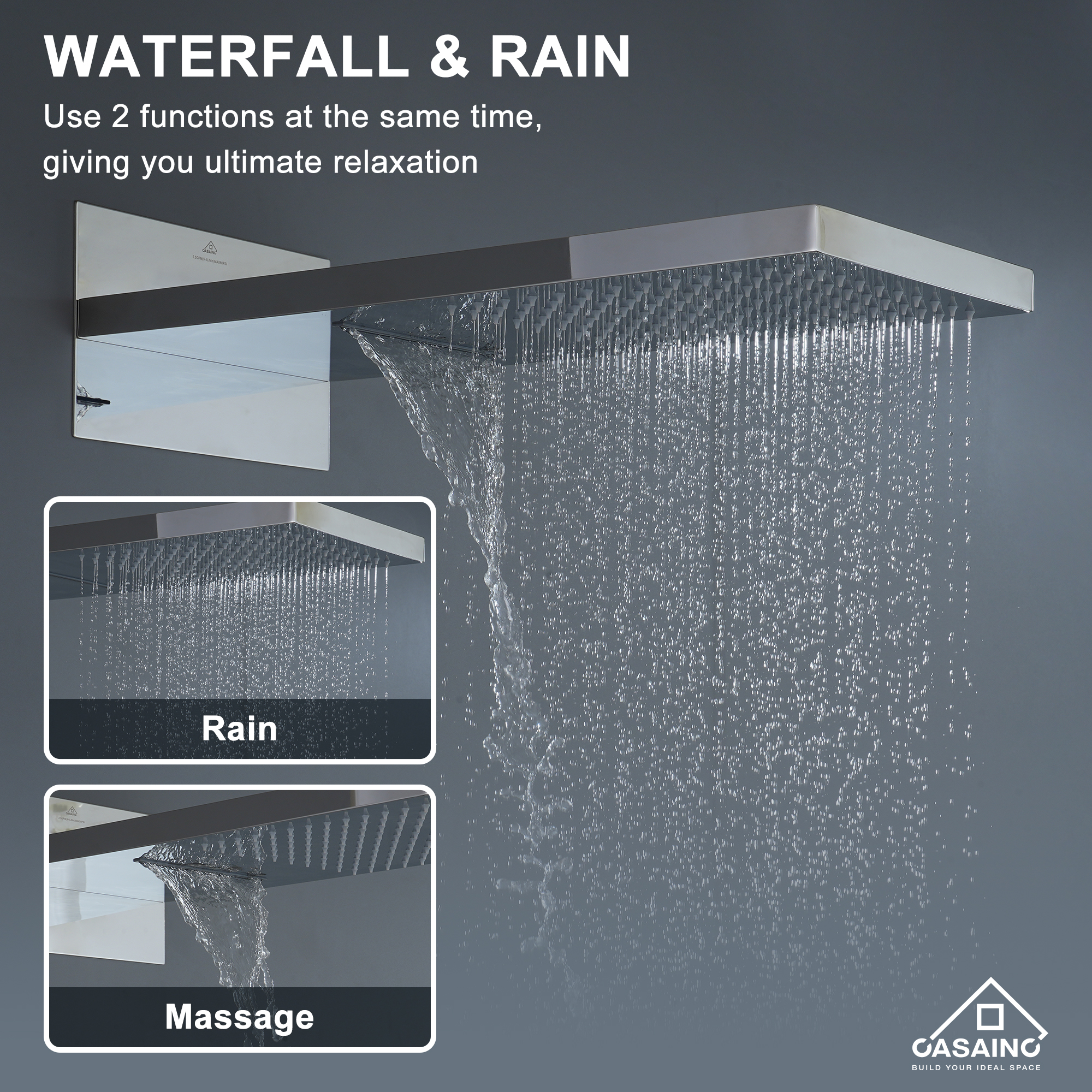 Wall Mounted 20 Inch Rectangular Dual-function Rainfall Shower Head 4 Function Thermostatic Shower System , With  6 Body Jets