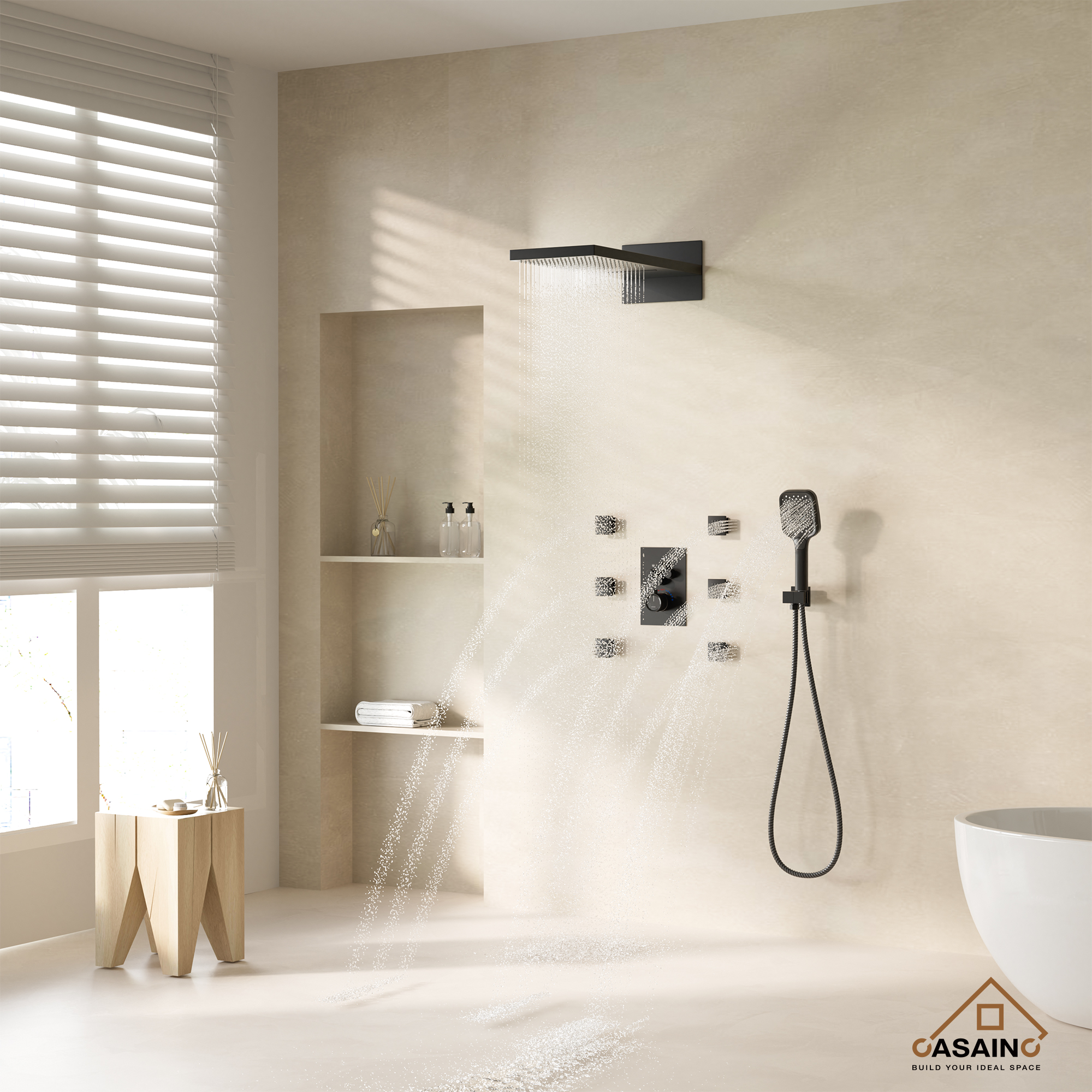 Wall Mounted 20 Inch Rectangular Dual-function Rainfall Shower Head 4 Function Thermostatic Shower System , With  6 Body Jets