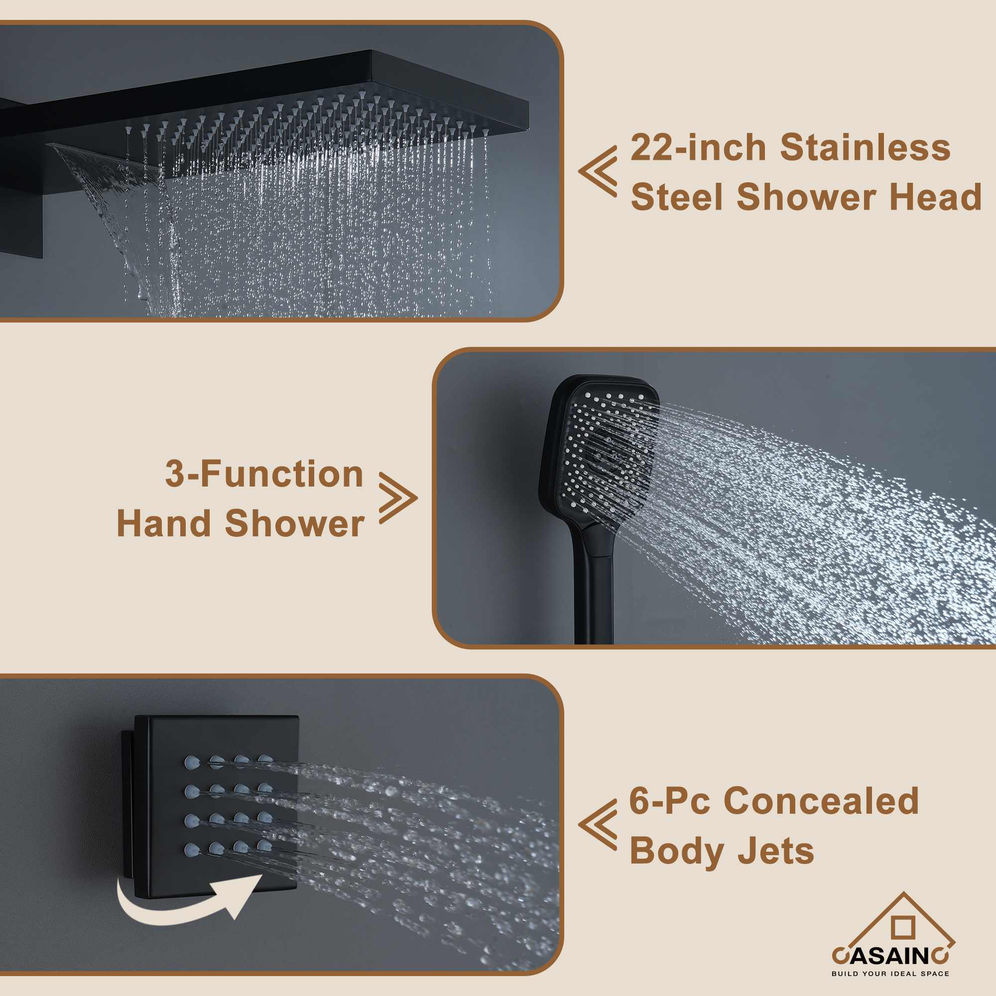 Wall Mounted 20 Inch Rectangular Dual-function Rainfall Shower Head 4 Function Thermostatic Shower System , With  6 Body Jets