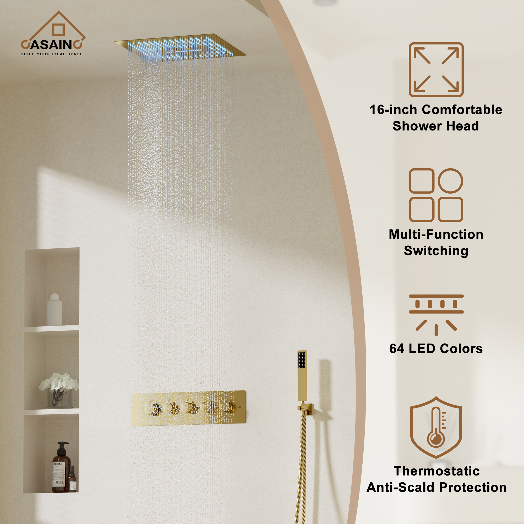 Luxury 4 Functions (Rainfall, Waterfall, Misty, Handheld) Shower System , 16 Inch Thermostatic Rain Shower Set with Multi-Function Remote Control 64 Color Lights