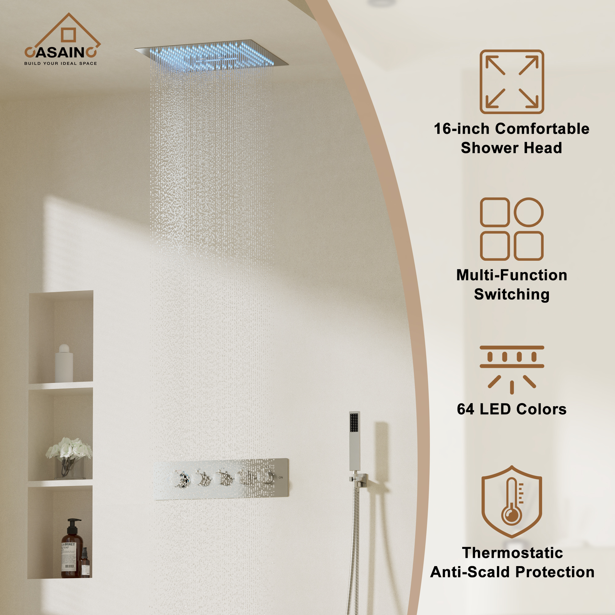 Luxury 4 Functions (Rainfall, Waterfall, Misty, Handheld) Shower System , 16 Inch Thermostatic Rain Shower Set with Multi-Function Remote Control 64 Color Lights