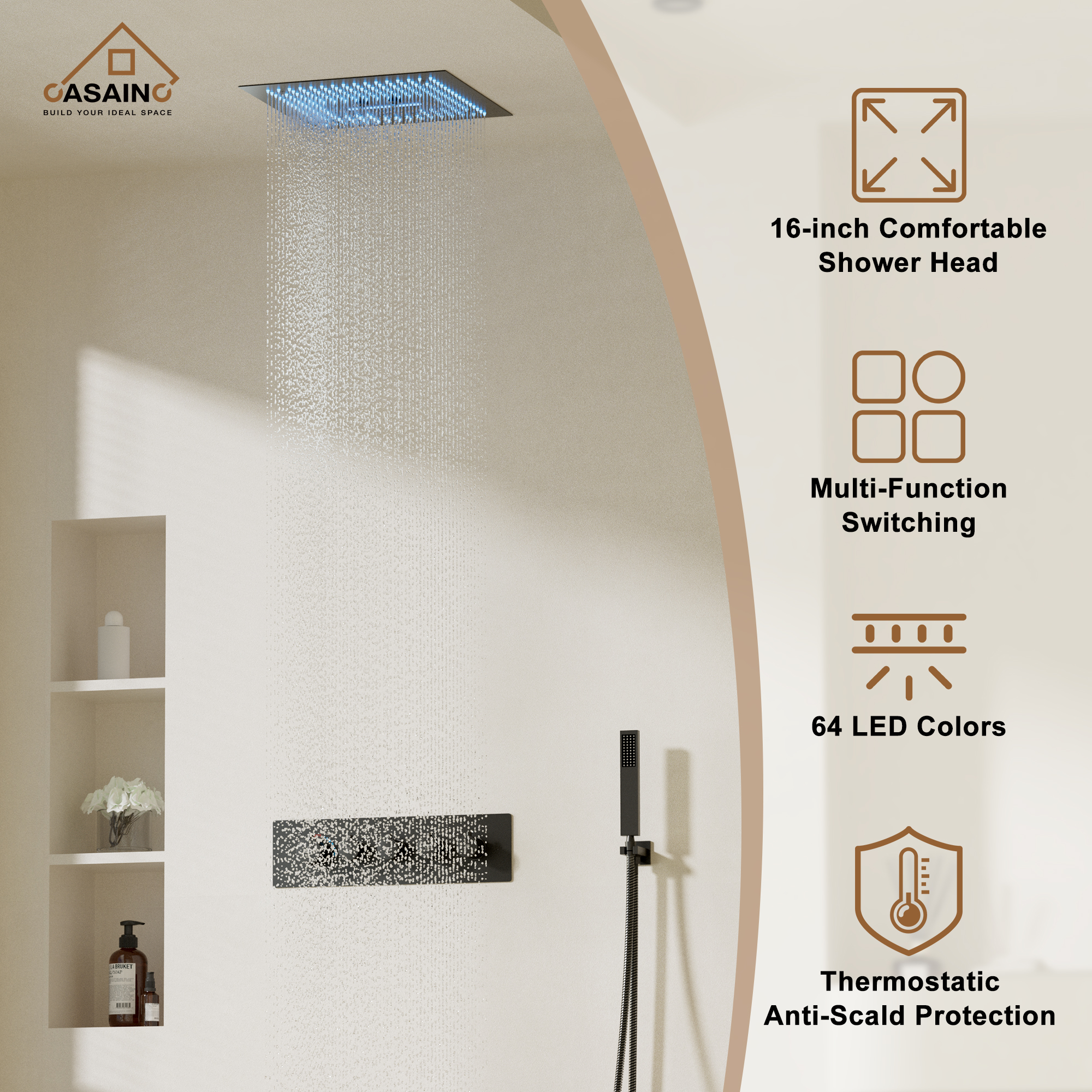 Luxury 4 Functions (Rainfall, Waterfall, Misty, Handheld) Shower System , 16 Inch Thermostatic Rain Shower Set with Multi-Function Remote Control 64 Color Lights