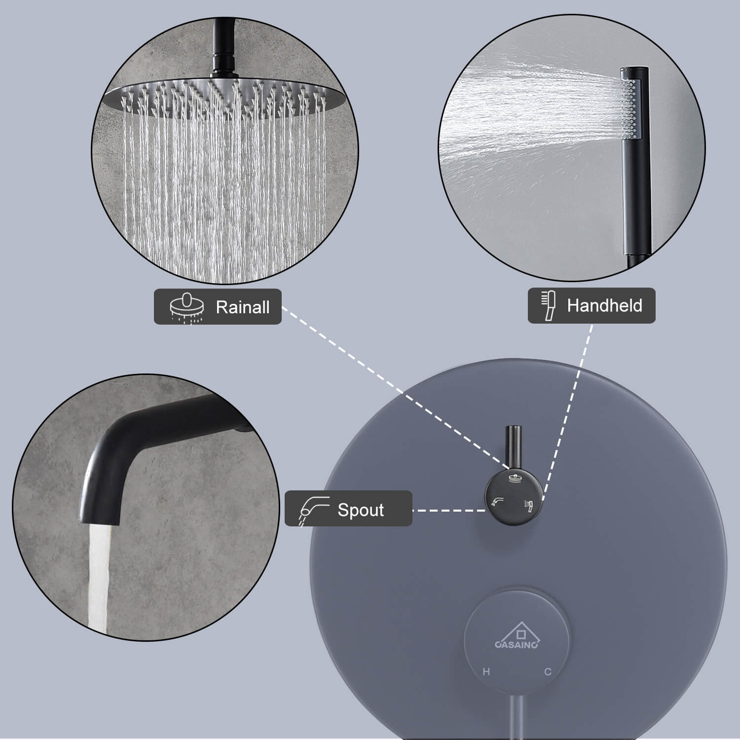 Casainc 10" Round 3 Functions Wall Mount Dual Shower Heads Shower Syst