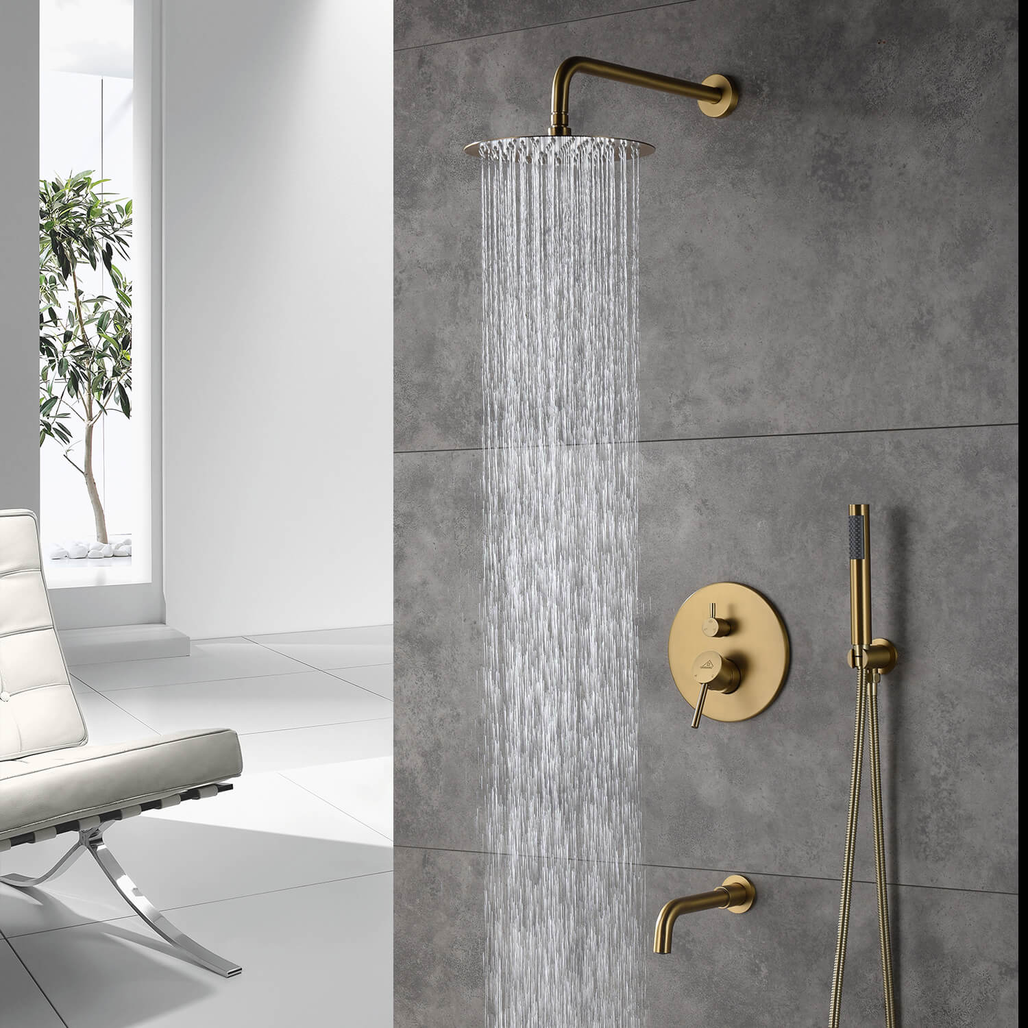 Modern Wall Mounted Brass Rainfall Shower Head System Round Fixed Shower  Head Home Bathroom Luxury Rain Mixer Shower Set with High Pressure, Gold