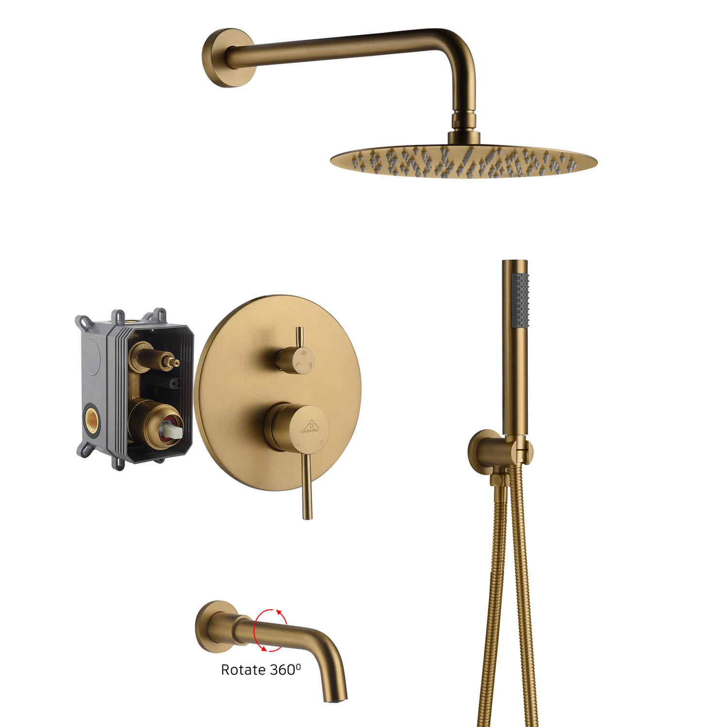 10" Round Wall Mount Dual Shower Heads Shower System with Tub Spout and Handheld Shower Head in Brushed Gold - CASAINC quality promise solid brass pressure, cupc certification