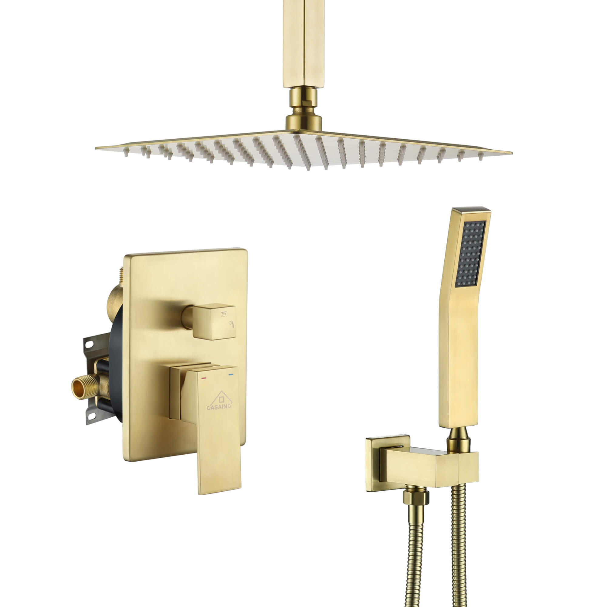 Casainc 2-Function Wall-Mounted/Ceiling-Mounted Shower System with Handheld Shower in Brushed Gold