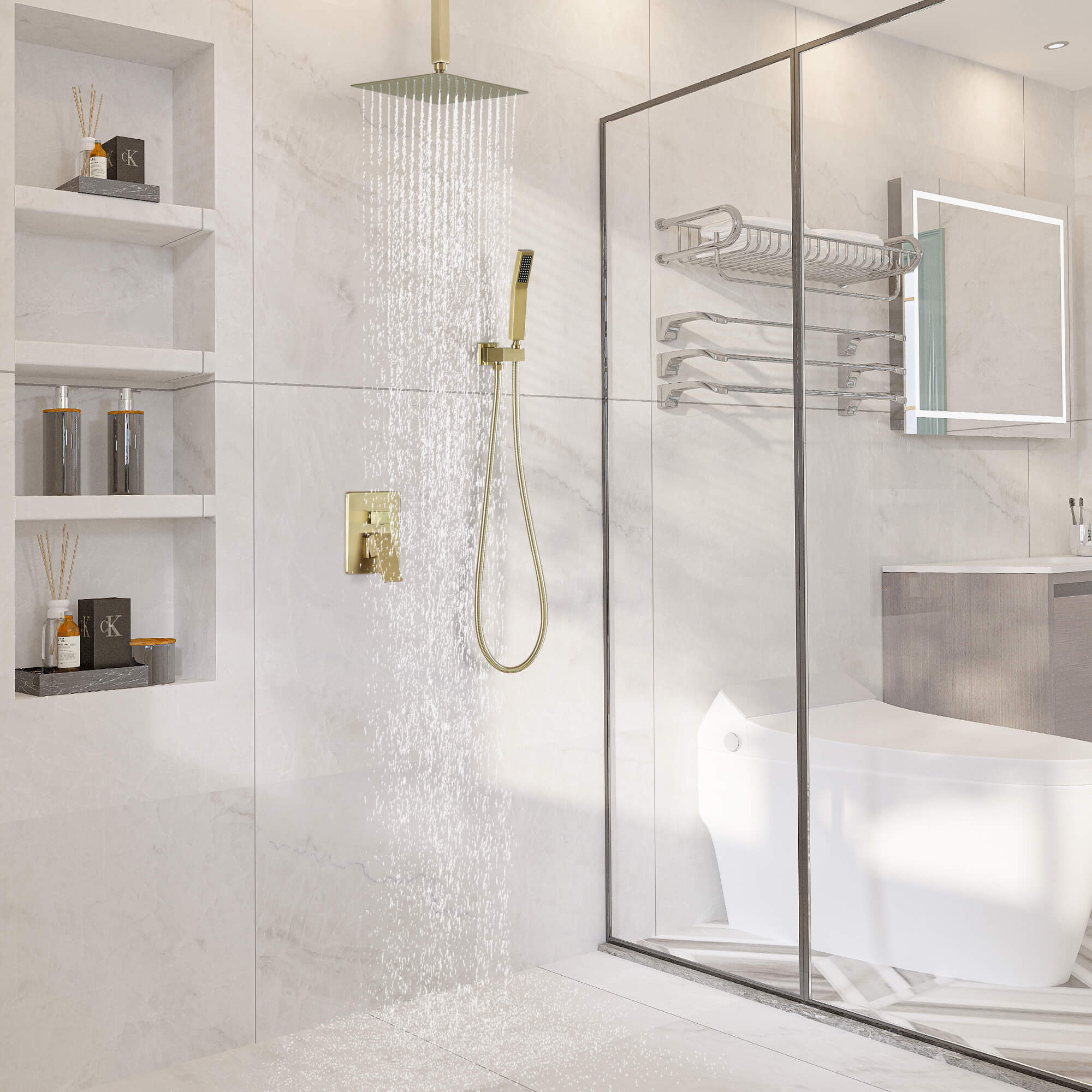 Casainc 2-Function Wall-Mounted/Ceiling-Mounted Shower System with Handheld Shower in Brushed Gold