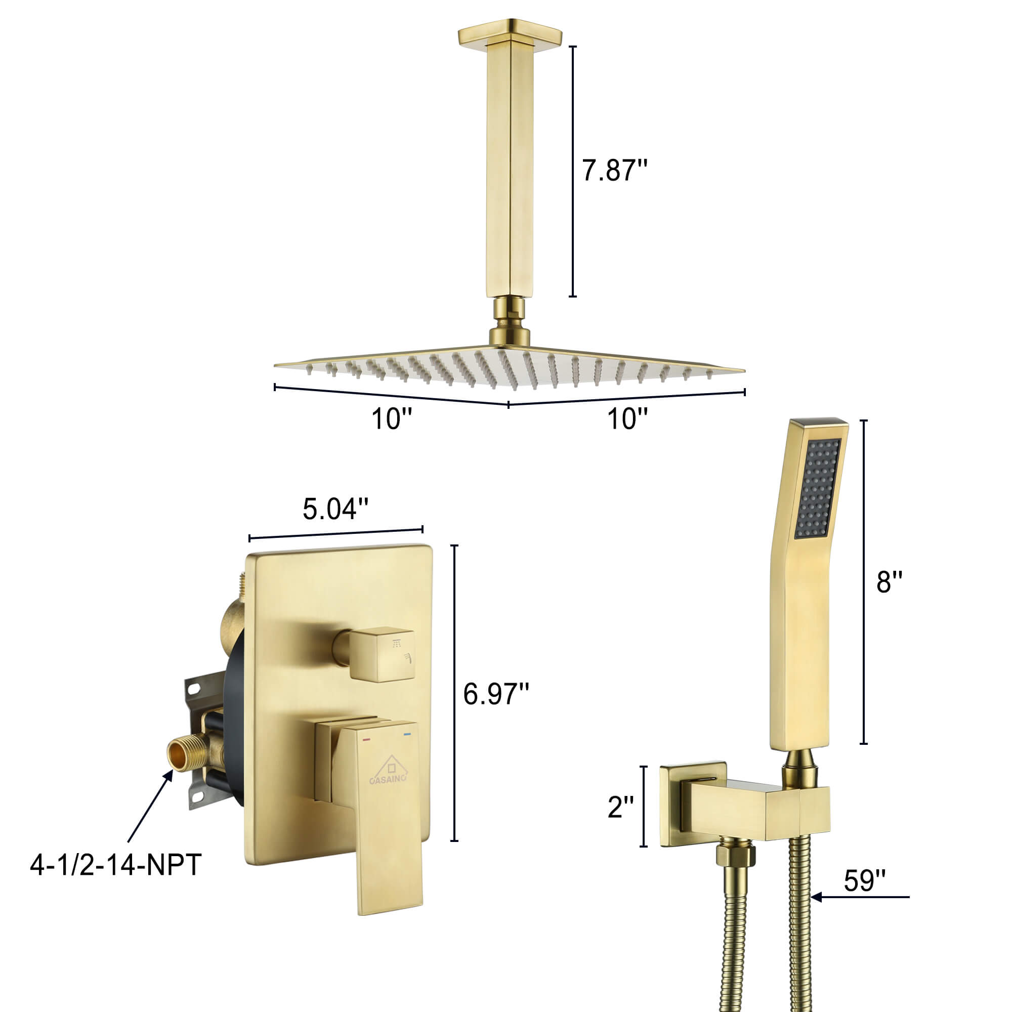 Casainc 2-Function Wall-Mounted/Ceiling-Mounted Shower System with Handheld Shower in Brushed Gold