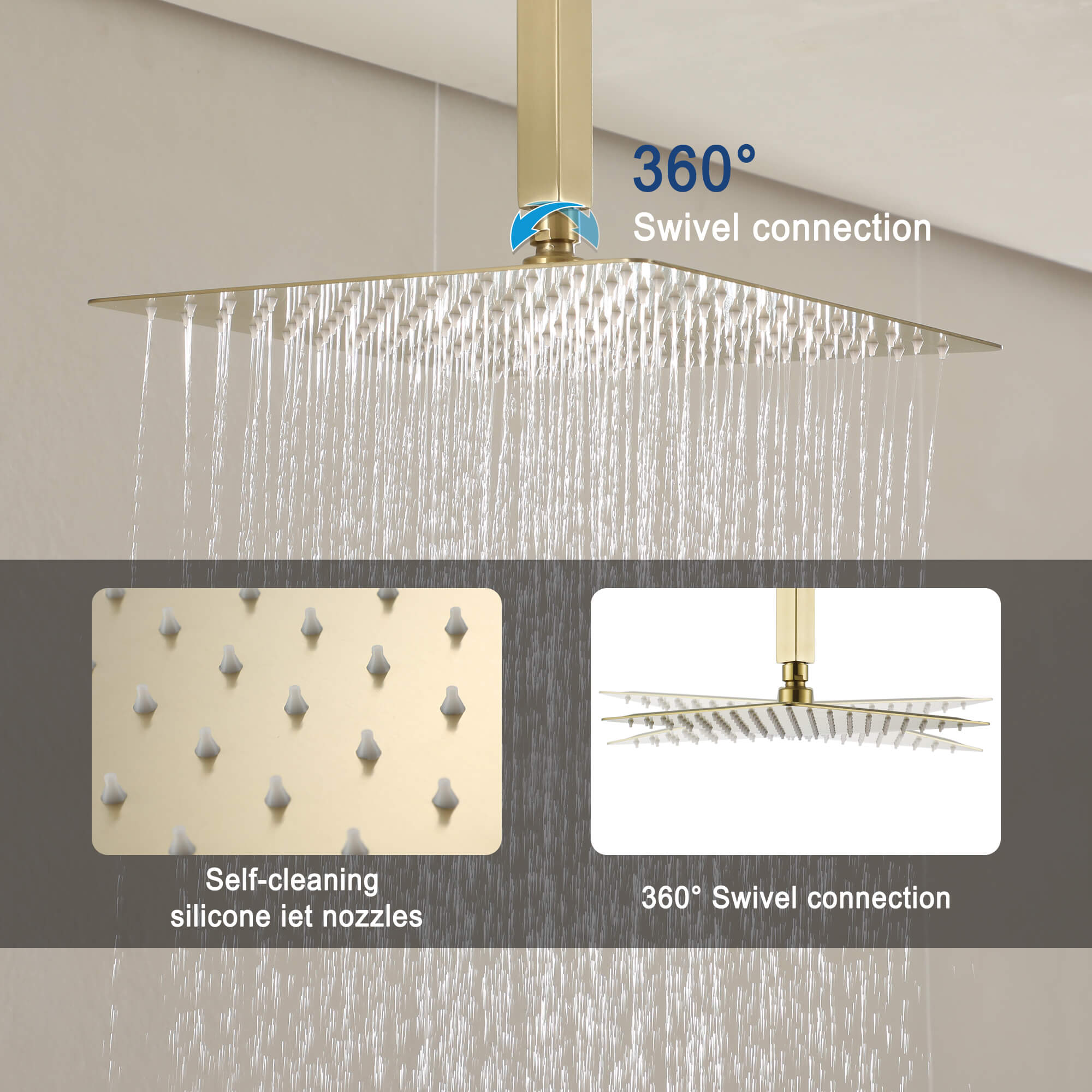 Casainc 2-Function Wall-Mounted/Ceiling-Mounted Shower System with Handheld Shower in Brushed Gold