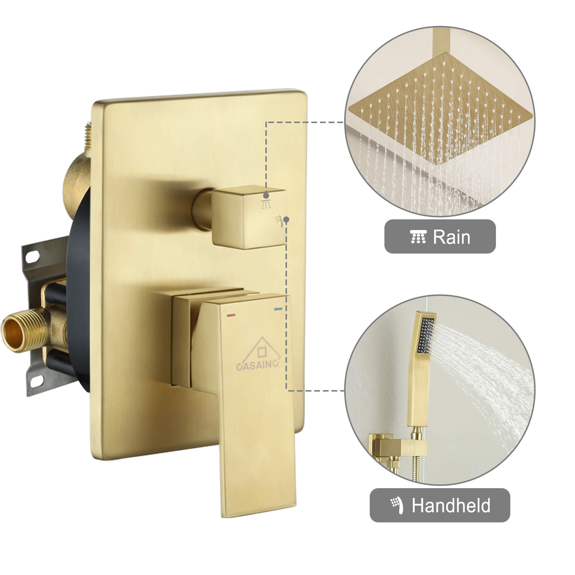 Casainc 2-Function Wall-Mounted/Ceiling-Mounted Shower System with Handheld Shower in Brushed Gold