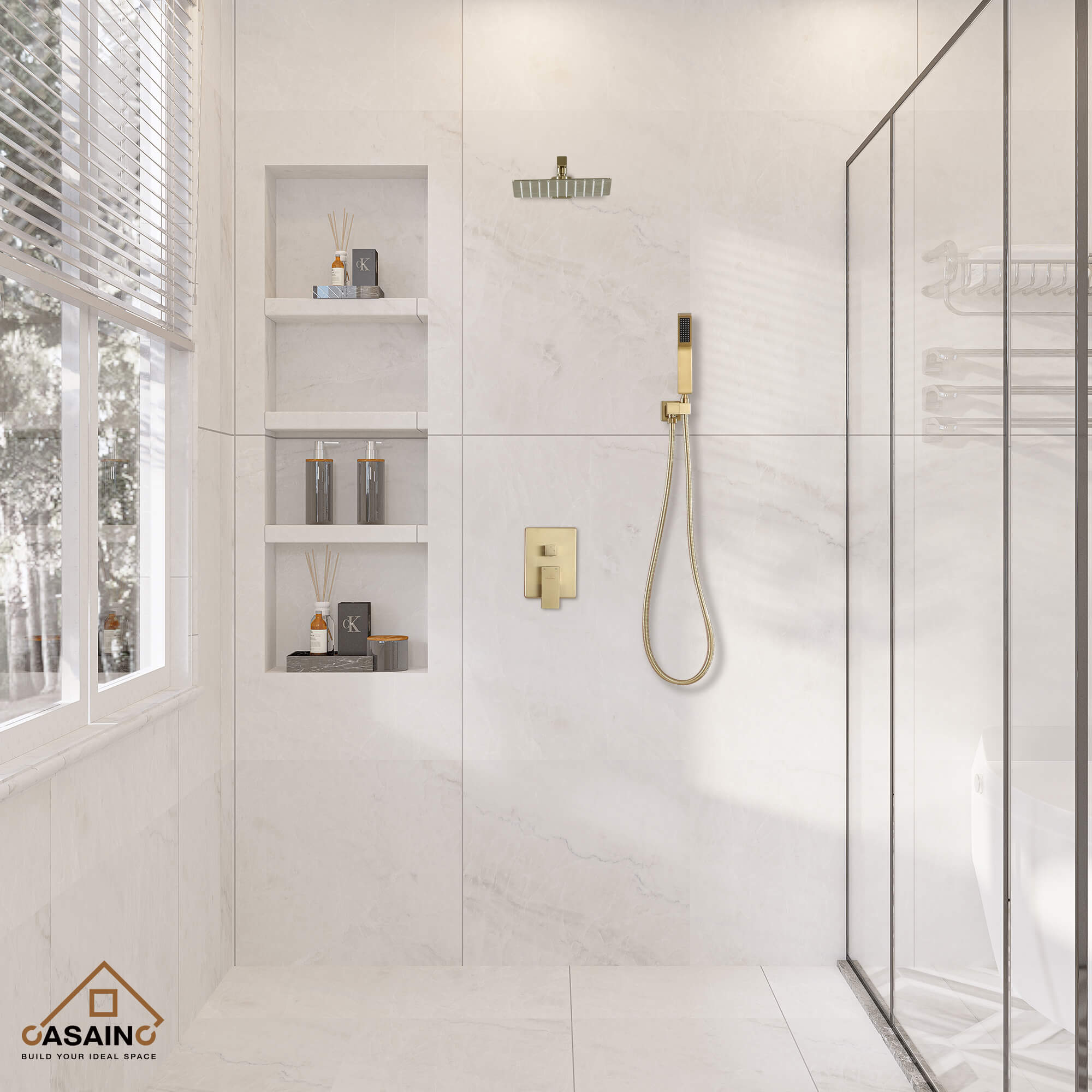 Casainc 2-Function Wall-Mounted/Ceiling-Mounted Shower System with Handheld Shower in Brushed Gold