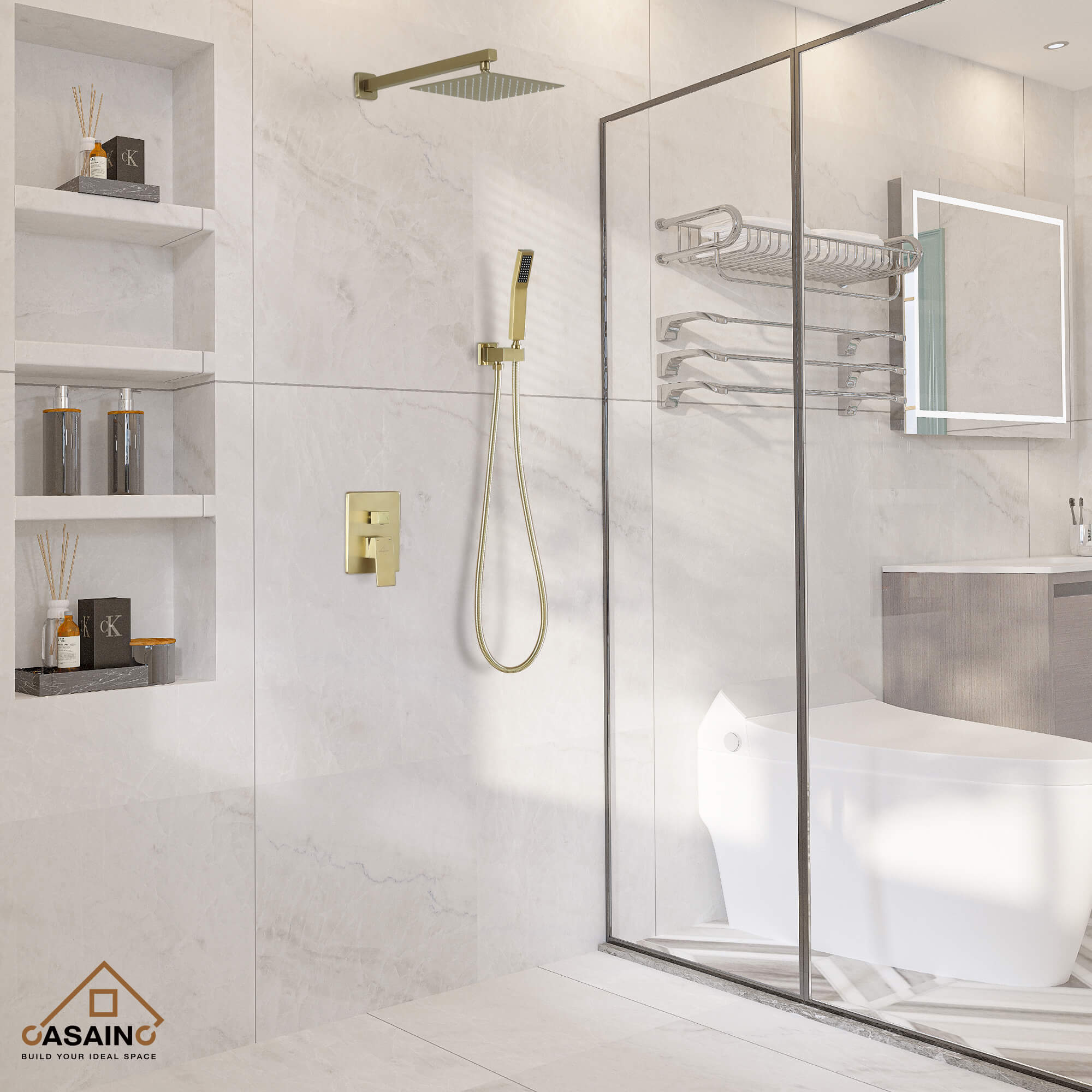 Casainc 2-Function Wall-Mounted/Ceiling-Mounted Shower System with Handheld Shower in Brushed Gold