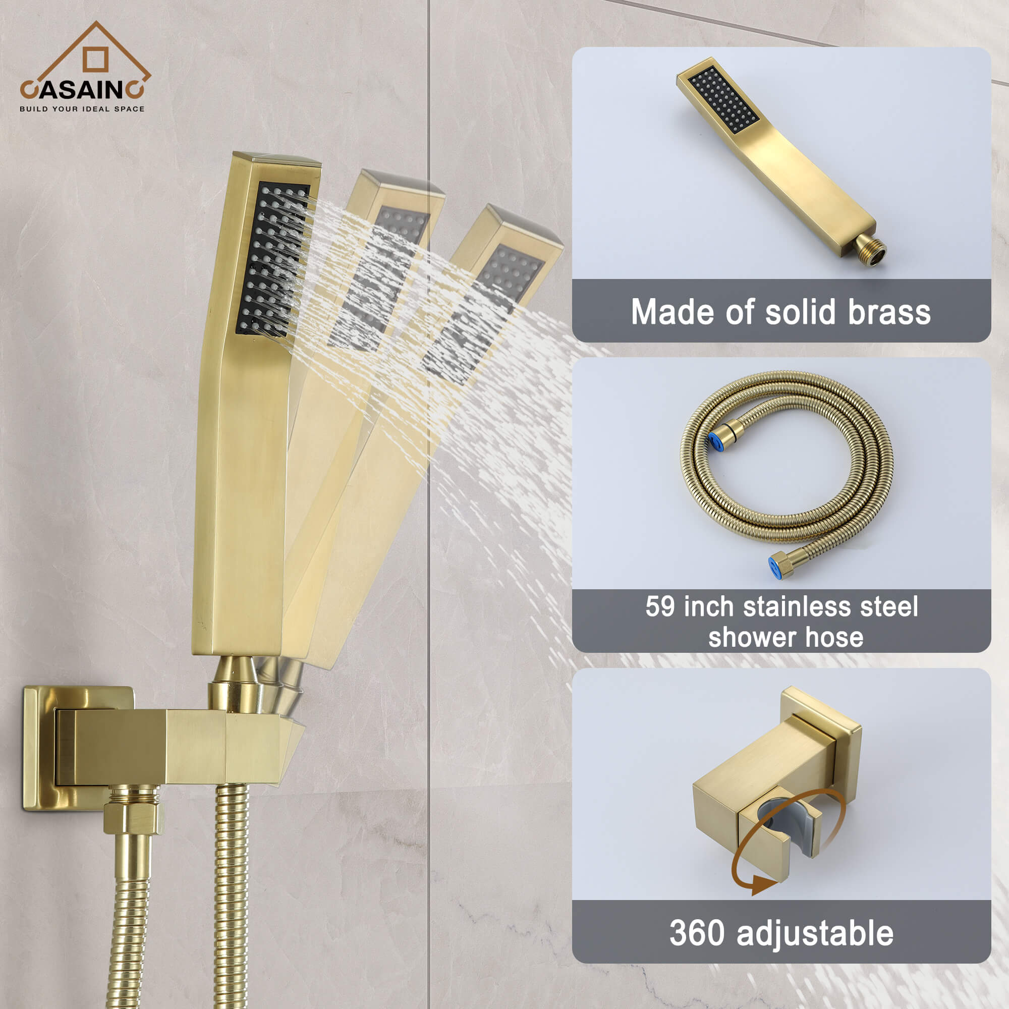 Casainc 2-Function Wall-Mounted/Ceiling-Mounted Shower System with Handheld Shower in Brushed Gold