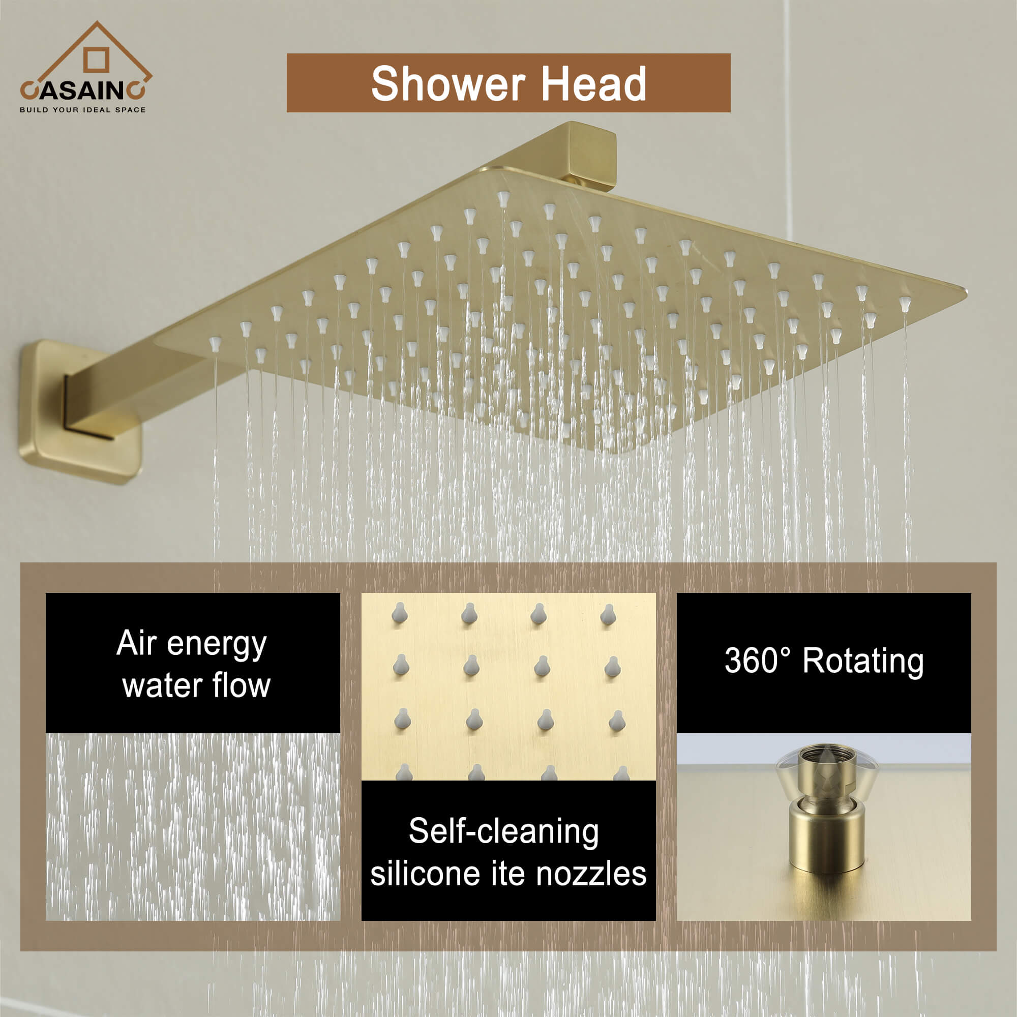 Casainc 2-Function Wall-Mounted/Ceiling-Mounted Shower System with Handheld Shower in Brushed Gold