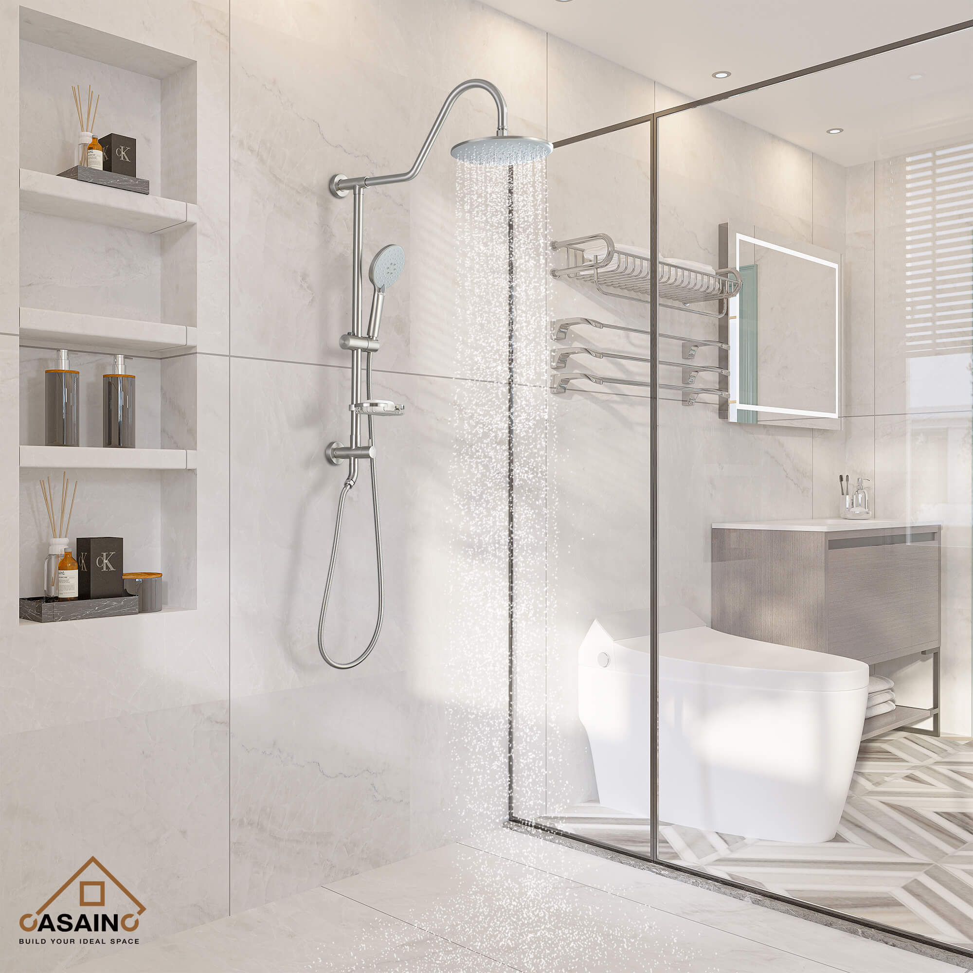 Casainc Exposed Pipe Dual Shower Heads System with 3 Spray Patterns Hand Shower