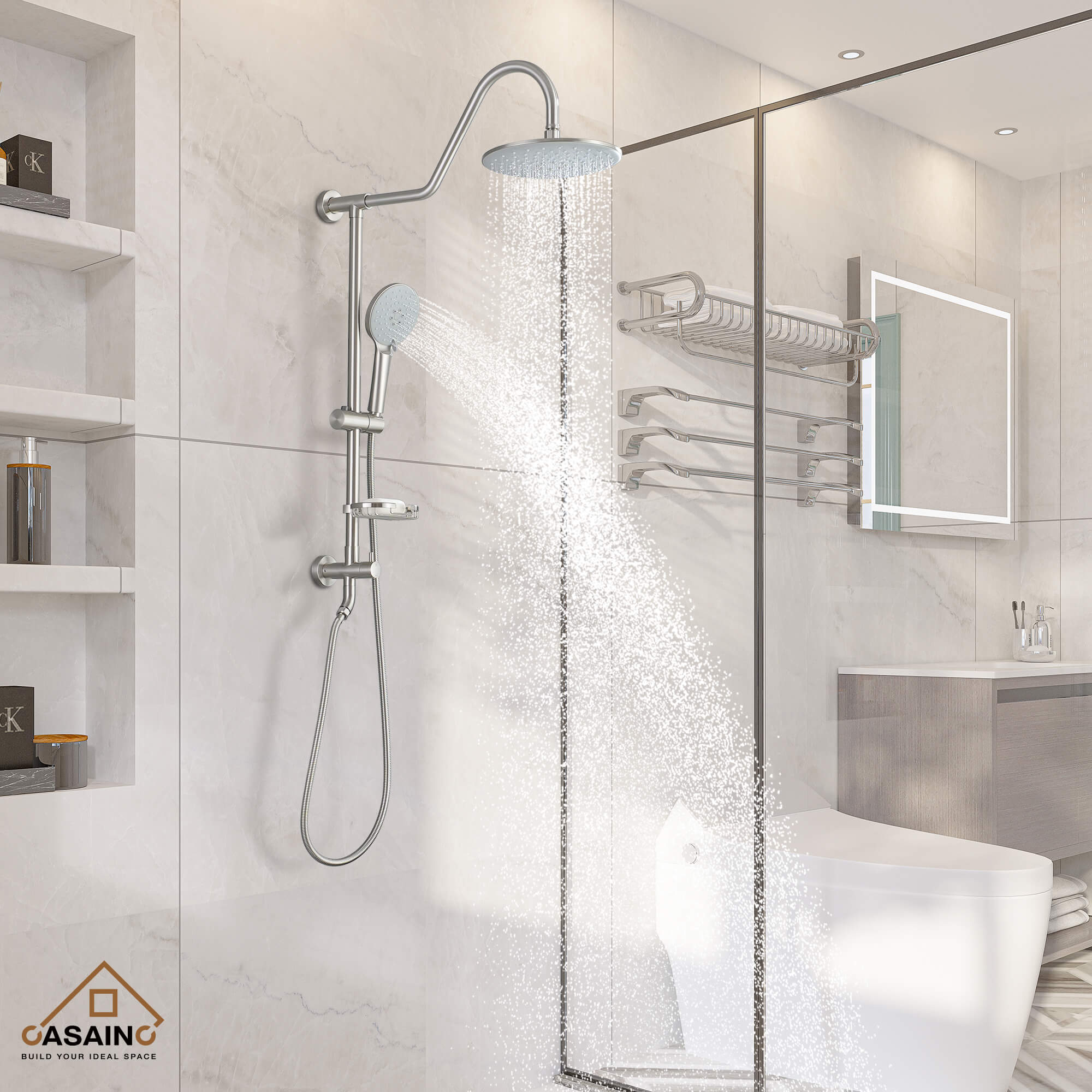 Casainc Exposed Pipe Dual Shower Heads System with 3 Spray Patterns Hand Shower