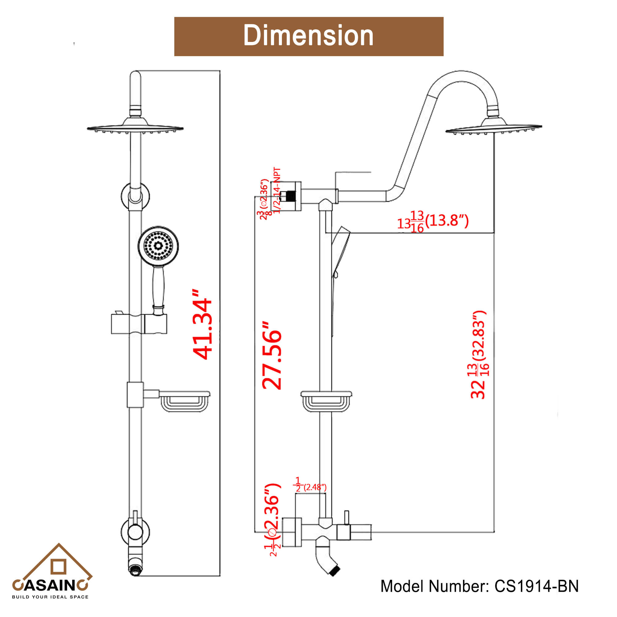 Casainc Exposed Pipe Dual Shower Heads System with 3 Spray Patterns Hand Shower