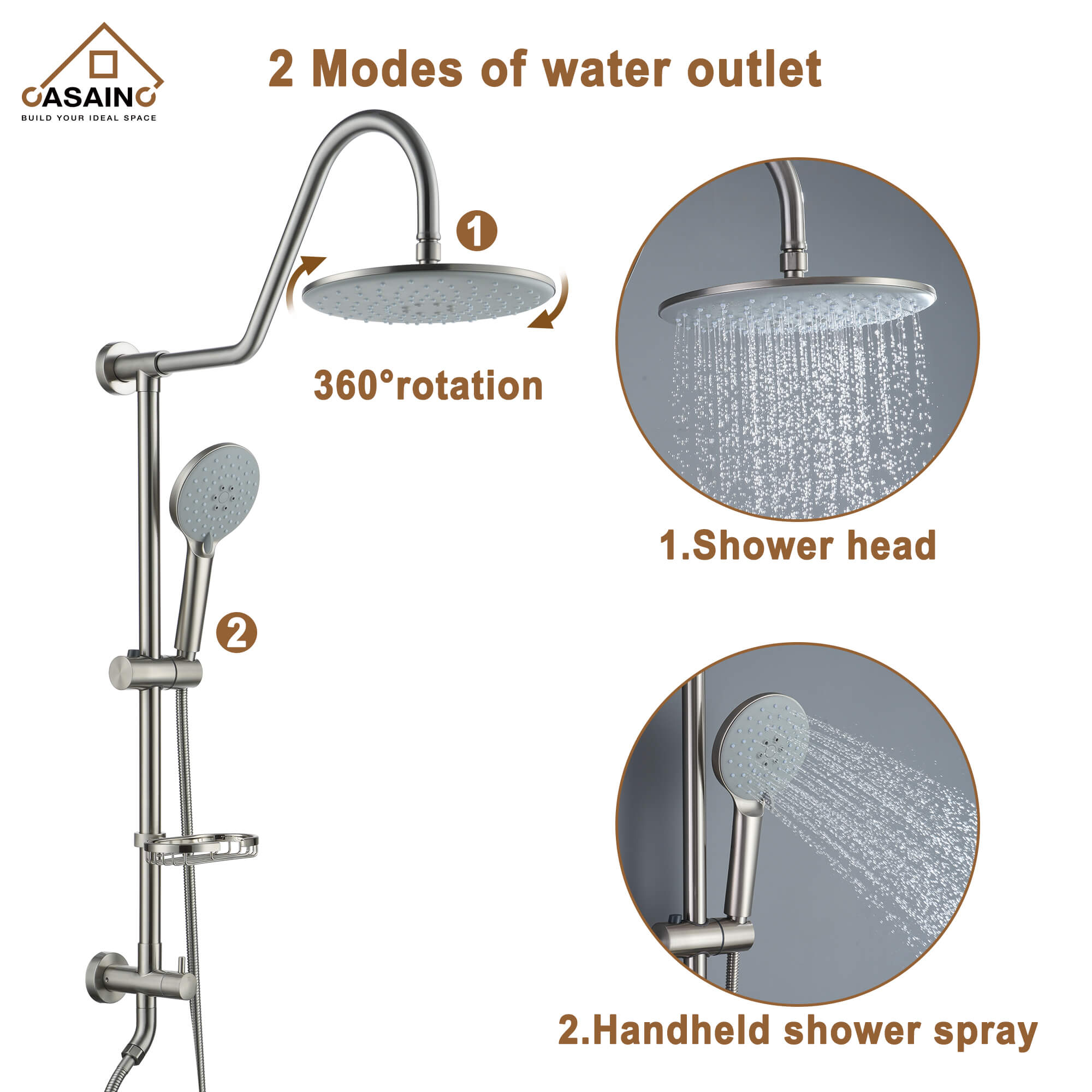 Casainc Exposed Pipe Dual Shower Heads System with 3 Spray Patterns Hand Shower