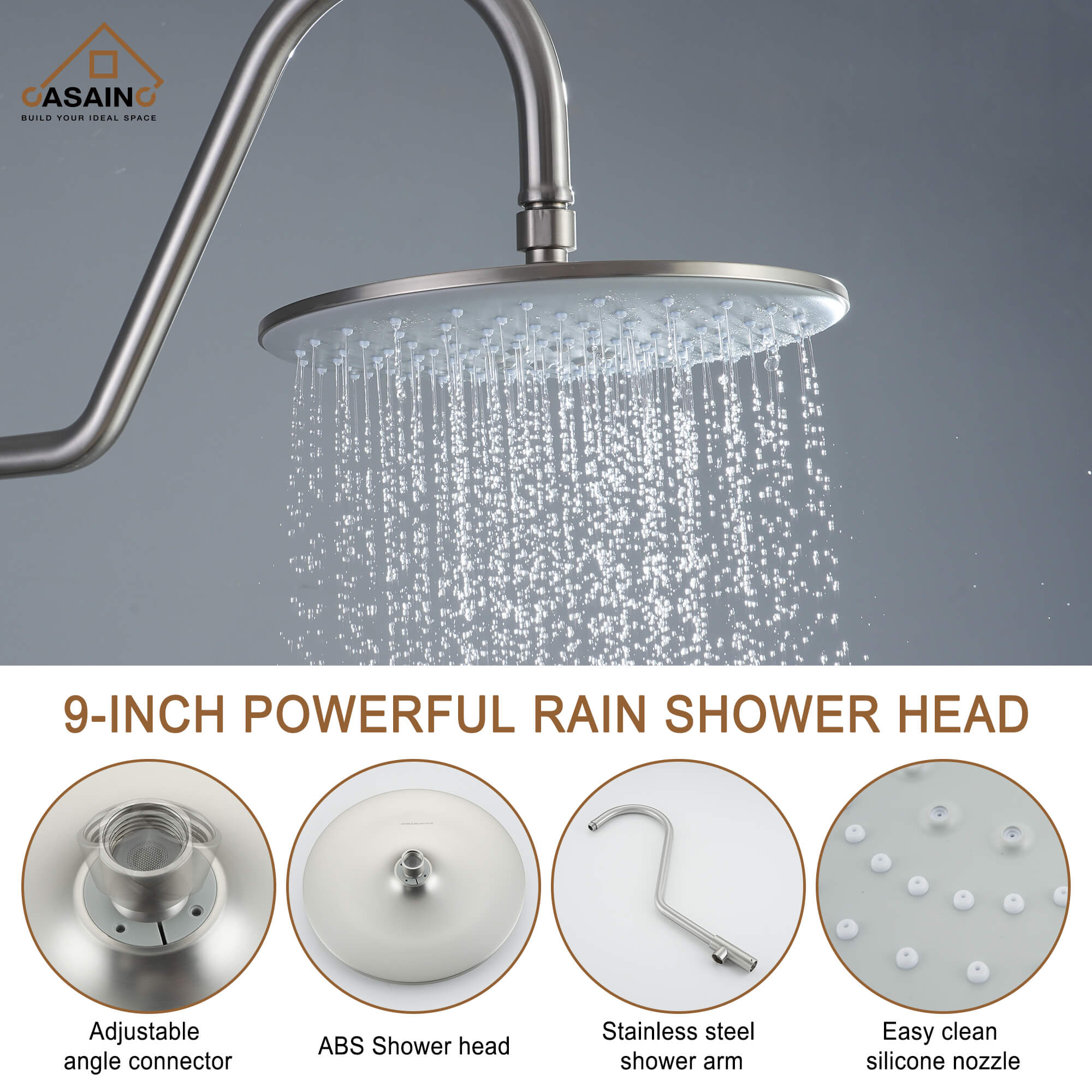 Casainc Exposed Pipe Dual Shower Heads System with 3 Spray Patterns Hand Shower