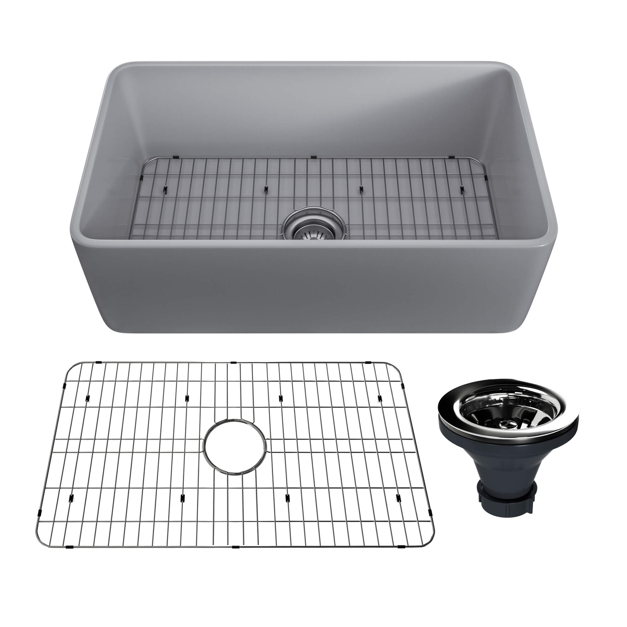 Fireclay 30 in. Single Bowl Farmhouse Apron Kitchen Sink with Bottom Grid and Strainers With cUPC Certified, in White Glossy/Matte Black/Matte Gray