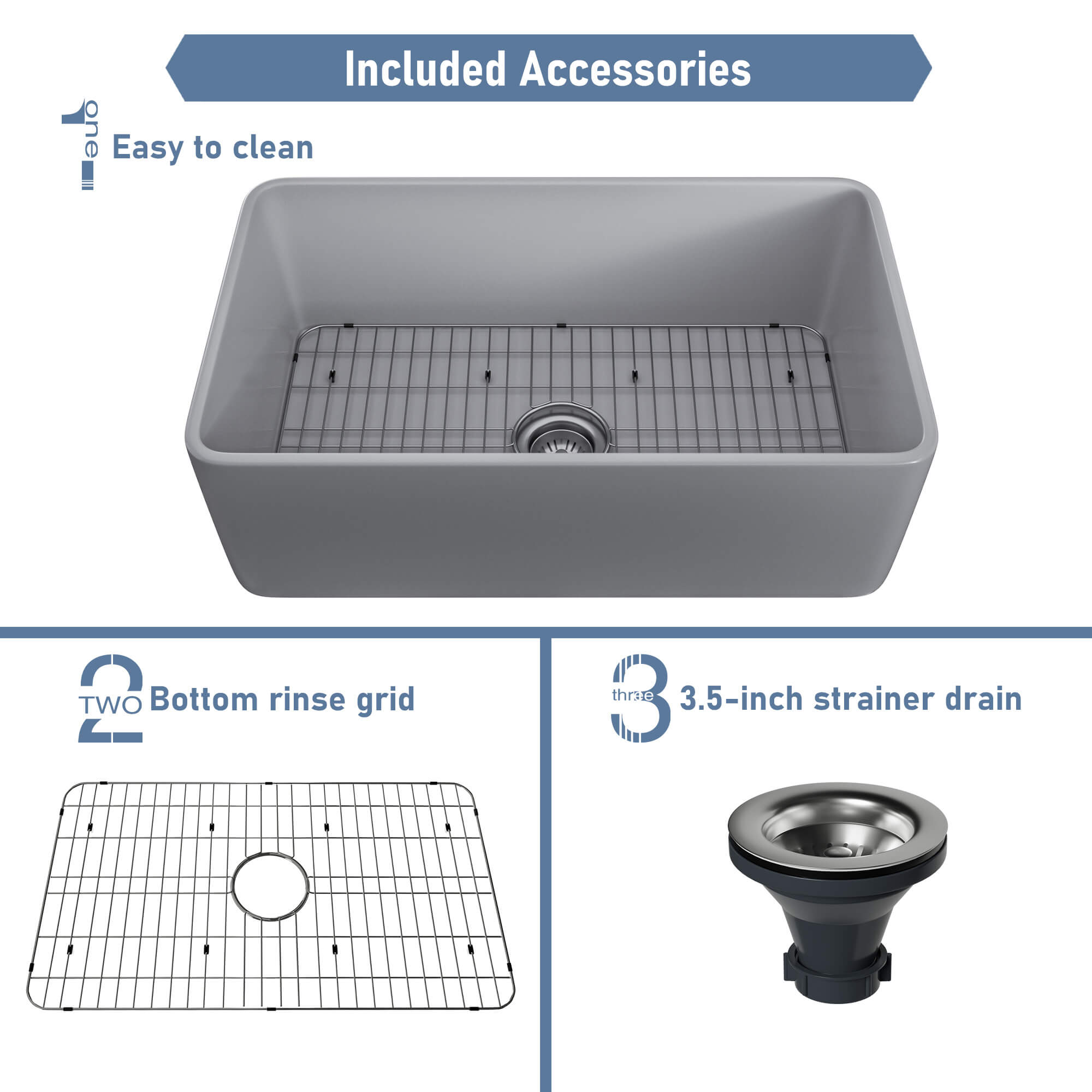 Fireclay 30 in. Single Bowl Farmhouse Apron Kitchen Sink with Bottom Grid and Strainers With cUPC Certified, in White Glossy/Matte Black/Matte Gray