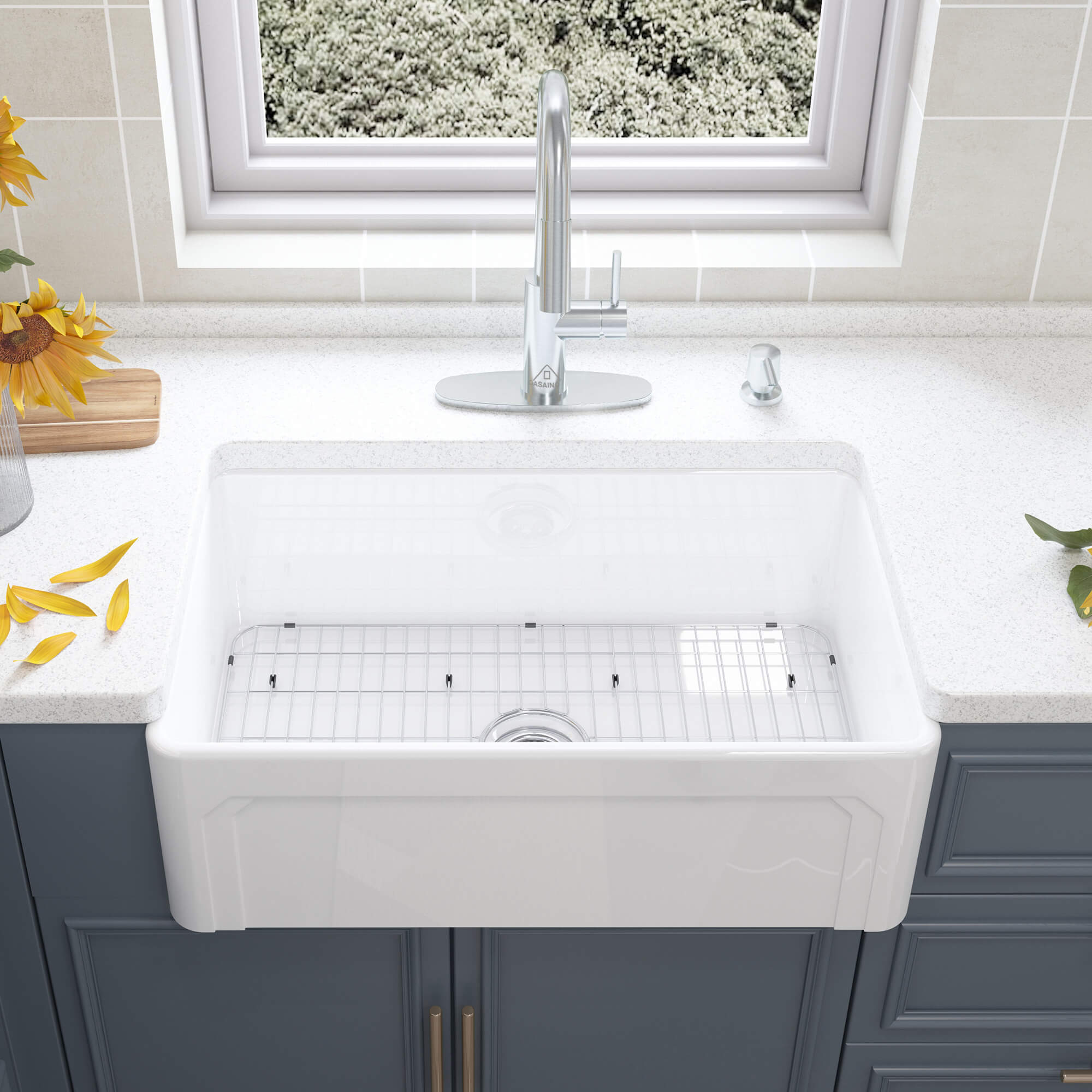 Fireclay 30 in. Single Bowl Farmhouse Apron Kitchen Sink with Bottom Grid and Strainers With cUPC Certified, in White Glossy/Matte Black/Matte Gray