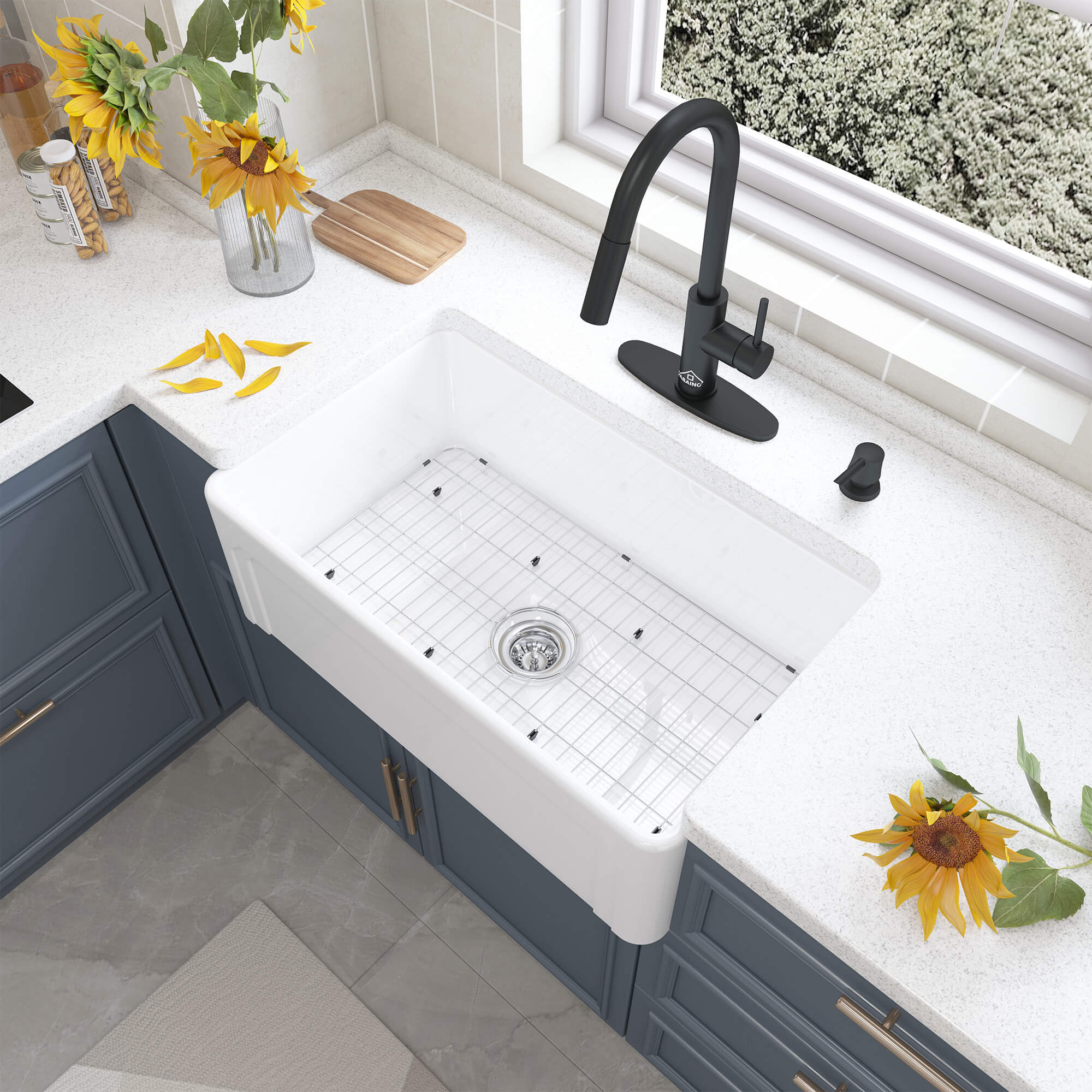 Fireclay 30 in. Single Bowl Farmhouse Apron Kitchen Sink with Bottom Grid and Strainers With cUPC Certified, in White Glossy/Matte Black/Matte Gray