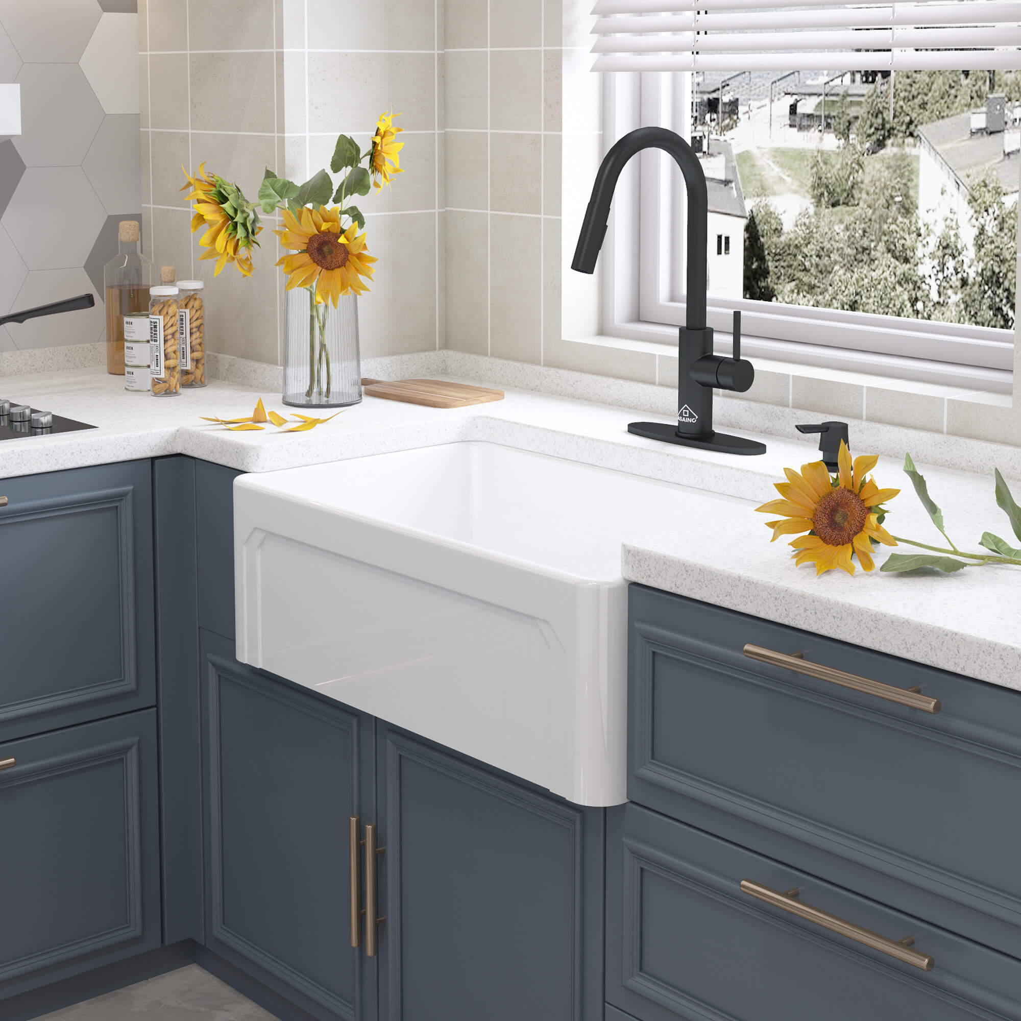 Fireclay 30 in. Single Bowl Farmhouse Apron Kitchen Sink with Bottom Grid and Strainers With cUPC Certified, in White Glossy/Matte Black/Matte Gray