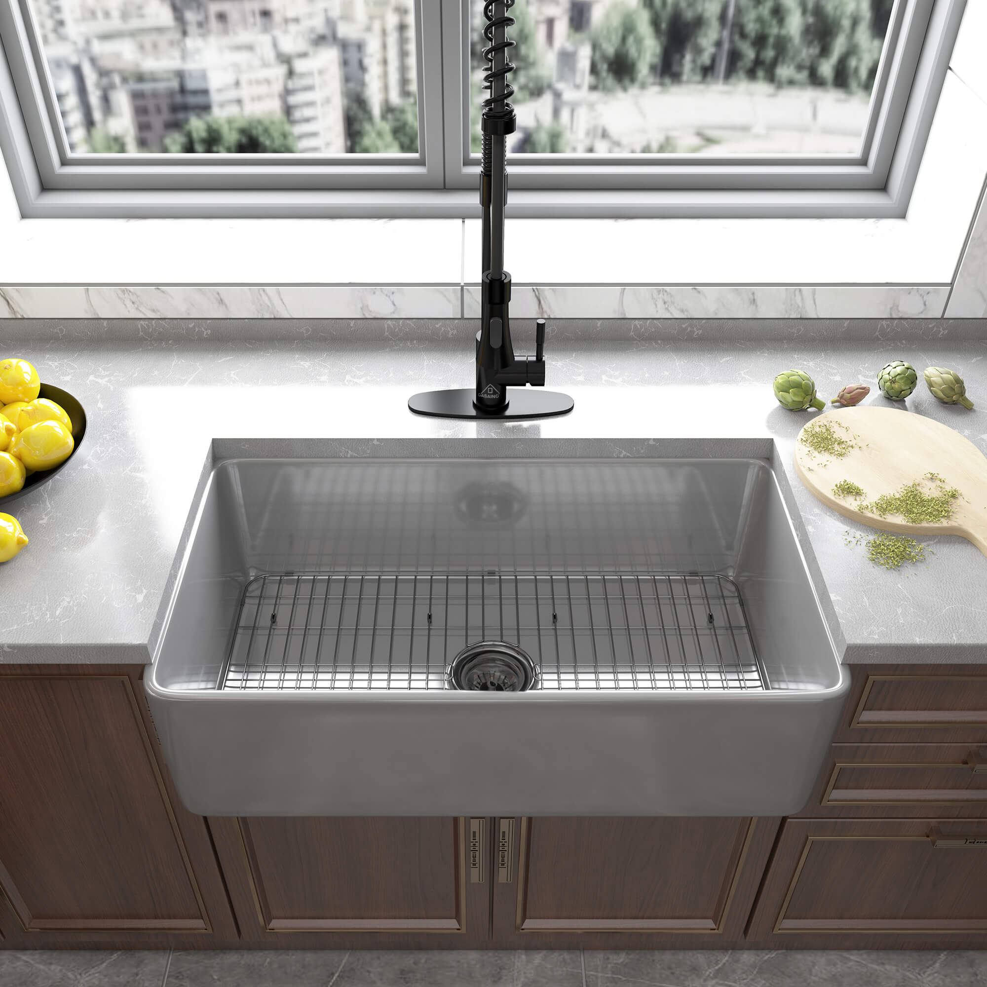 Fireclay 33 in. Single Bowl Farmhouse Apron Kitchen Sink with Bottom Grid and Strainers With cUPC Certified, in White Glossy/Matte Black/Matte Gray