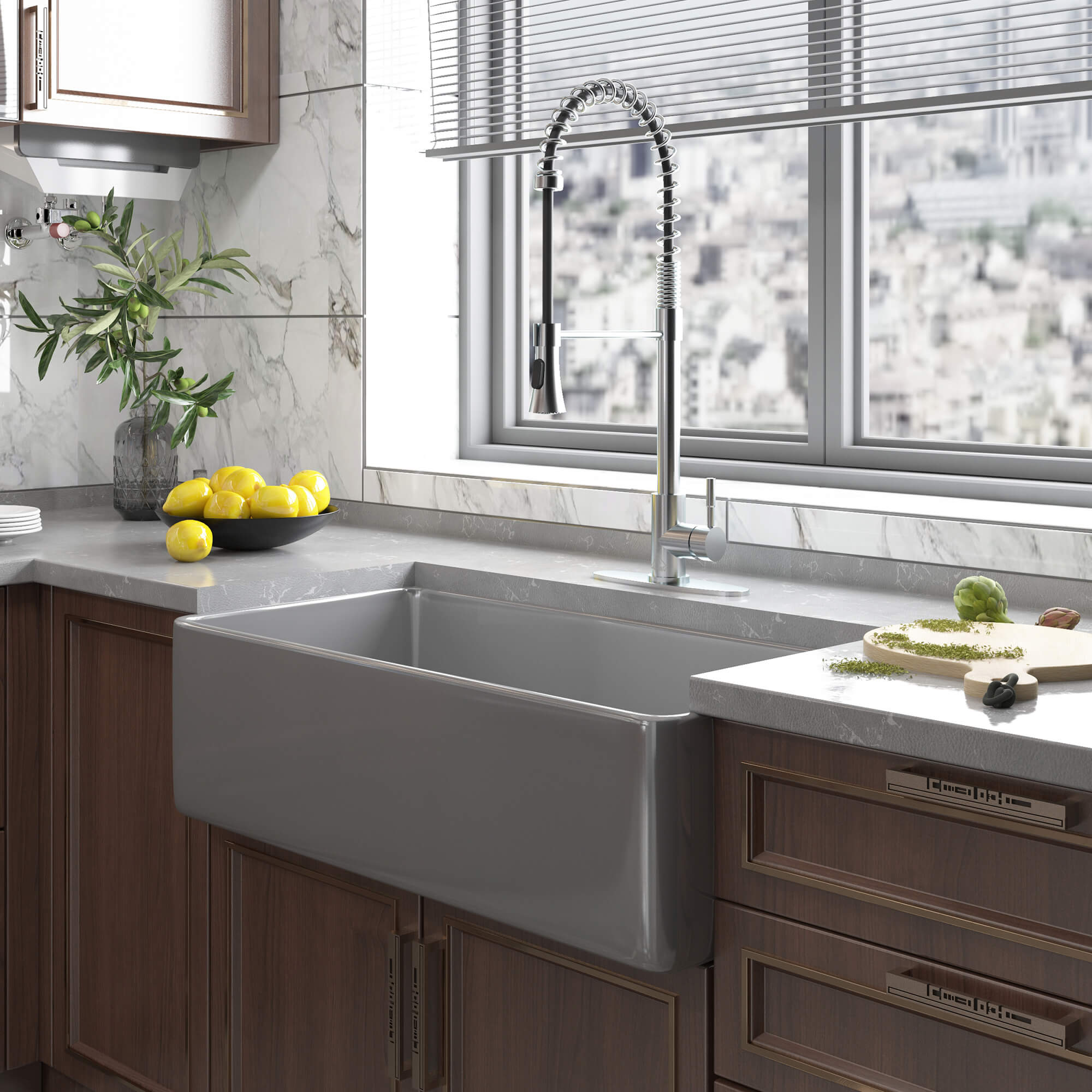 Fireclay 33 in. Single Bowl Farmhouse Apron Kitchen Sink with Bottom Grid and Strainers With cUPC Certified, in White Glossy/Matte Black/Matte Gray