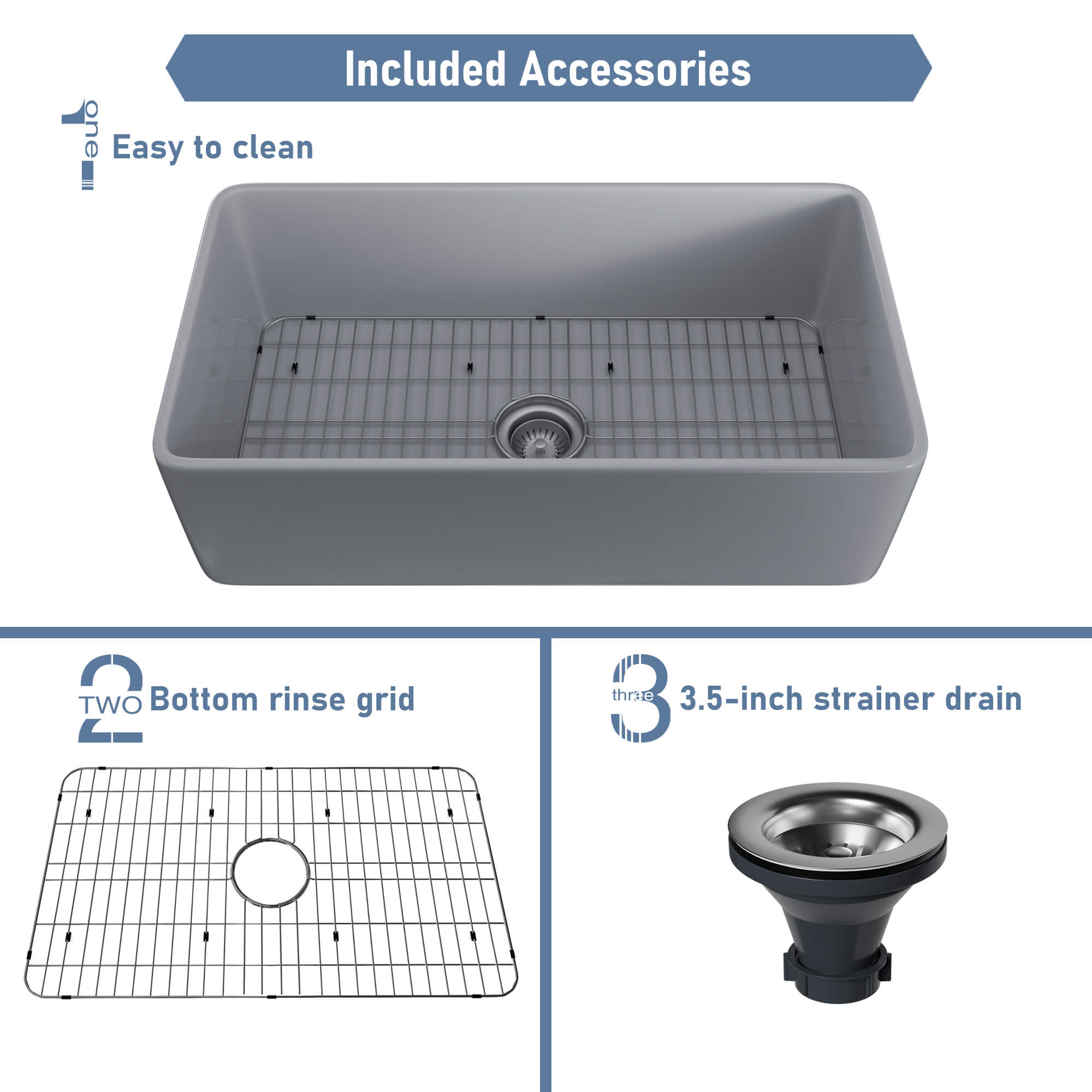 Fireclay 33 in. Single Bowl Farmhouse Apron Kitchen Sink with Bottom Grid and Strainers With cUPC Certified, in White Glossy/Matte Black/Matte Gray