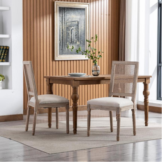 French Style Solid Wood Frame Linen Fabric Antique Painting Rattan Back Dining Chair ,Seat of 2,Cream