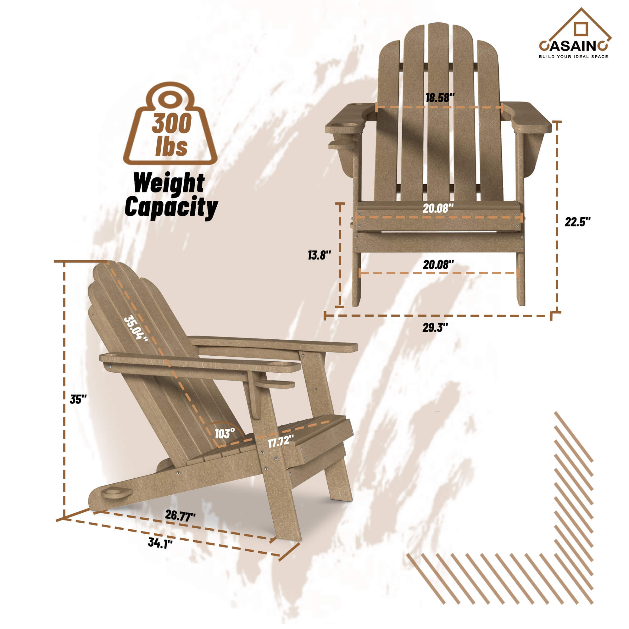 HDPE Traditional Curveback Plastic Patio Adirondack Chair with 3.15 in. Cup Holder and 1.5in. umbrella holder