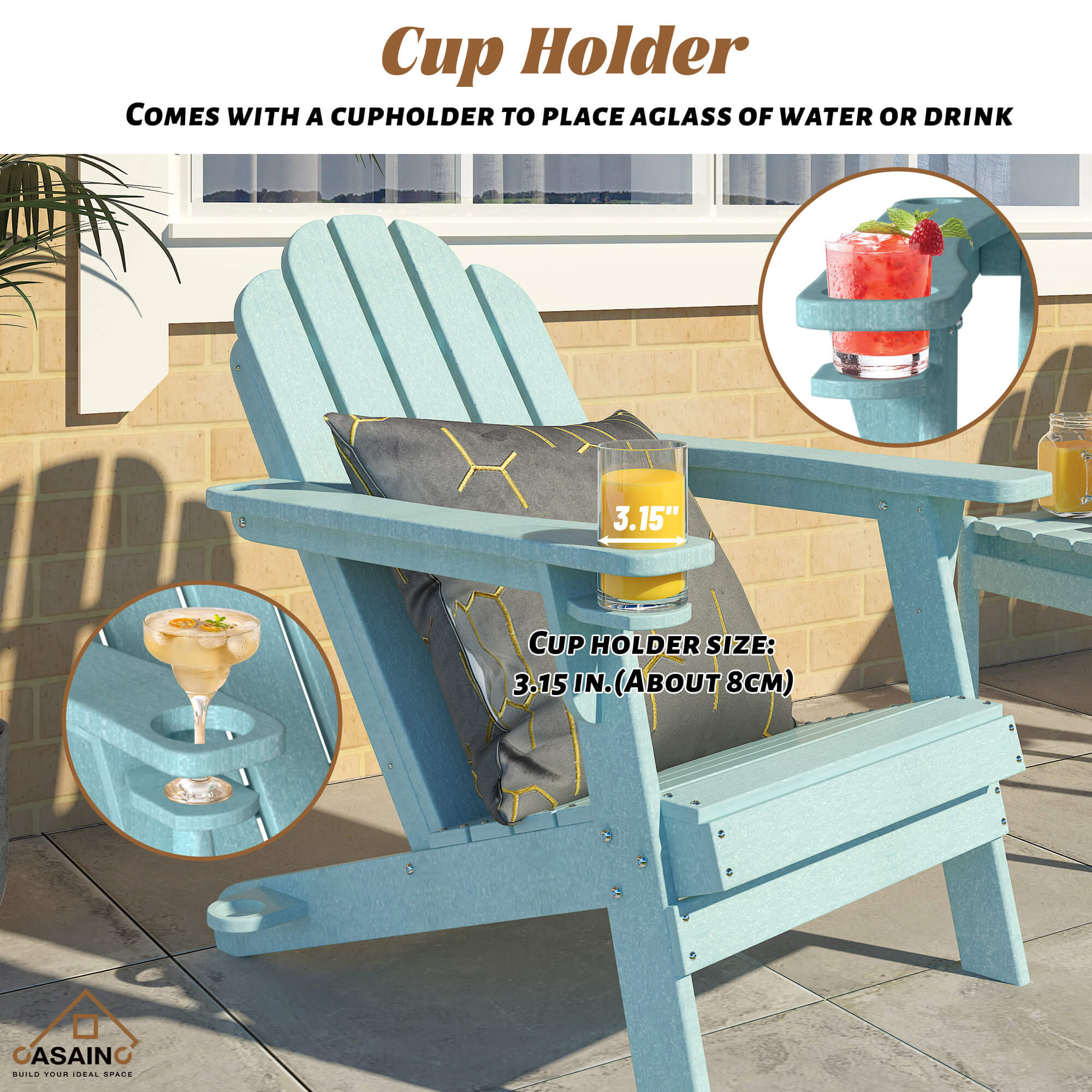 HDPE Traditional Curveback Plastic Patio Adirondack Chair with 3.15 in. Cup Holder and 1.5in. umbrella holder