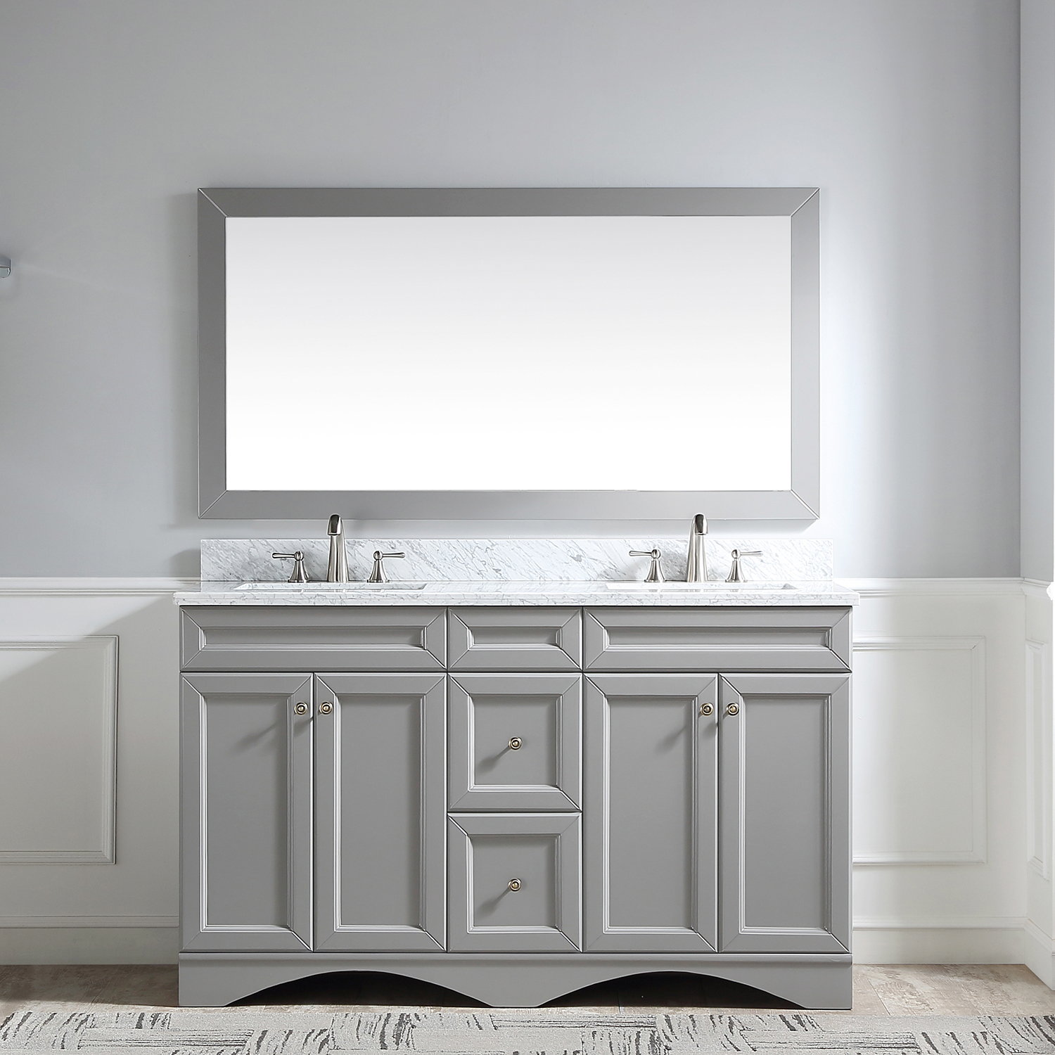 CASAINC 60" Solid Wood Bathroom Vanity with 1.2" Edge Italian Carrara Marble Countertop & Backsplash, Center Rectangular Sink, 4 Soft Closing Doors, 2 functional drawers, Grey, Matte White, Mirror, No Mirror