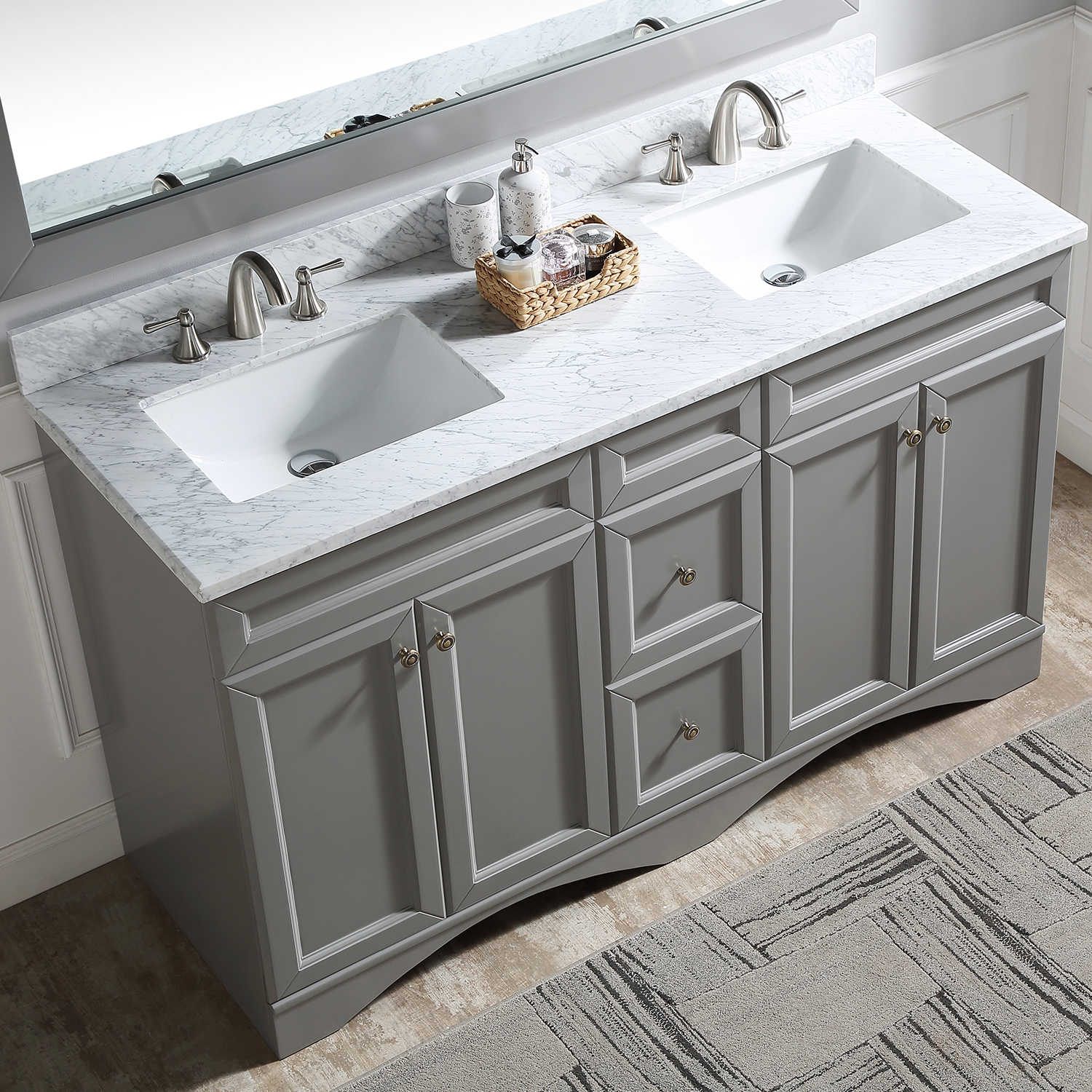 CASAINC 60" Solid Wood Bathroom Vanity with 1.2" Edge Italian Carrara Marble Countertop & Backsplash, Center Rectangular Sink, 4 Soft Closing Doors, 2 functional drawers, Grey, Matte White, Mirror, No Mirror
