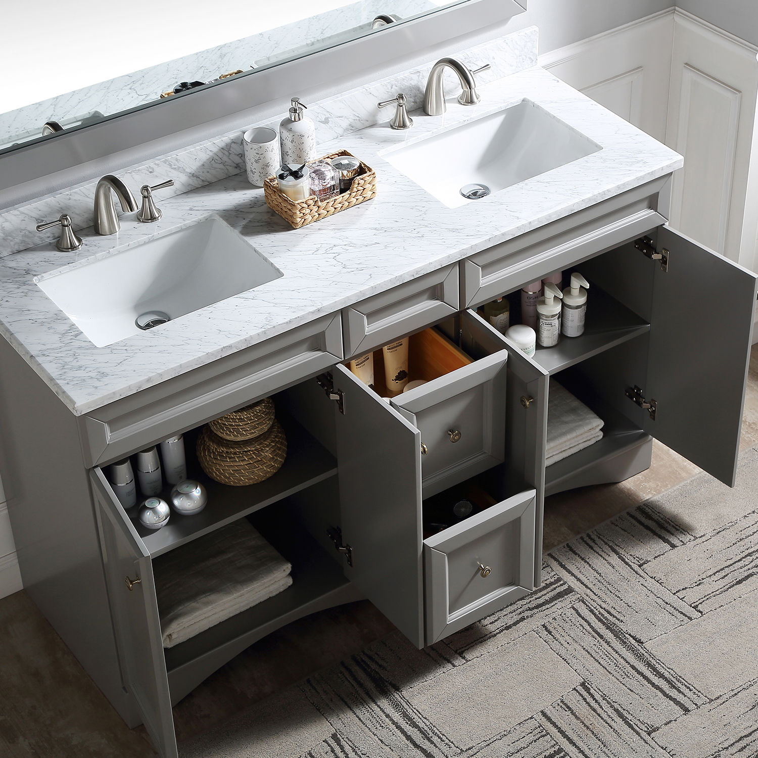 CASAINC 60" Solid Wood Bathroom Vanity with 1.2" Edge Italian Carrara Marble Countertop & Backsplash, Center Rectangular Sink, 4 Soft Closing Doors, 2 functional drawers, Grey, Matte White, Mirror, No Mirror