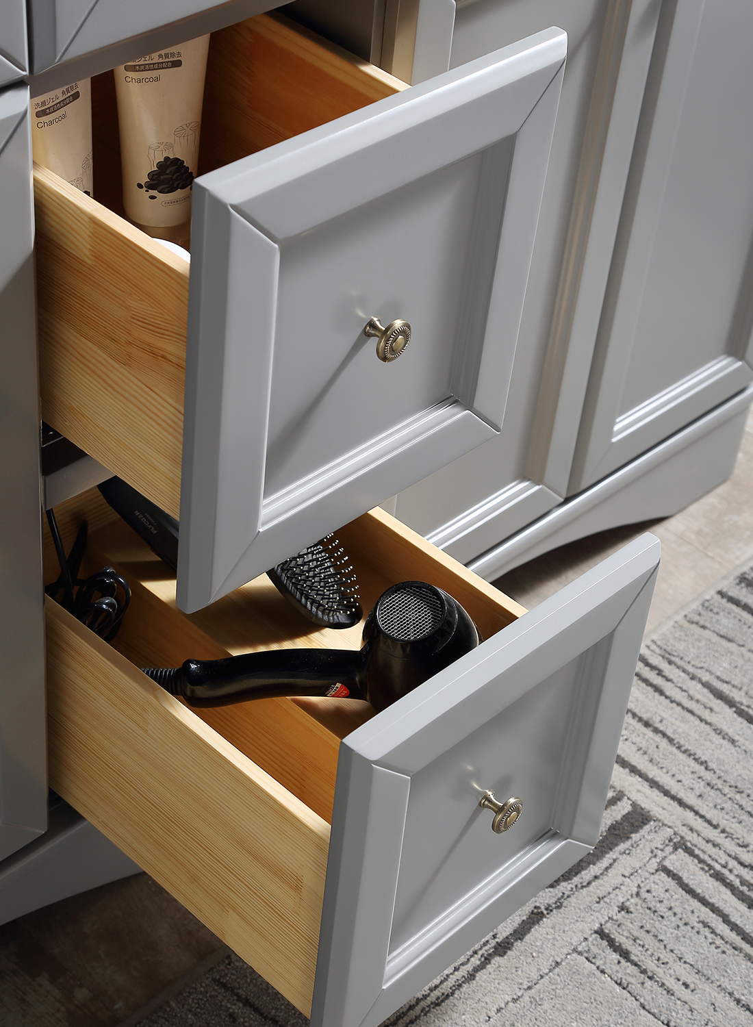 CASAINC 60" Solid Wood Bathroom Vanity with 1.2" Edge Italian Carrara Marble Countertop & Backsplash, Center Rectangular Sink, 4 Soft Closing Doors, 2 functional drawers, Grey, Matte White, Mirror, No Mirror