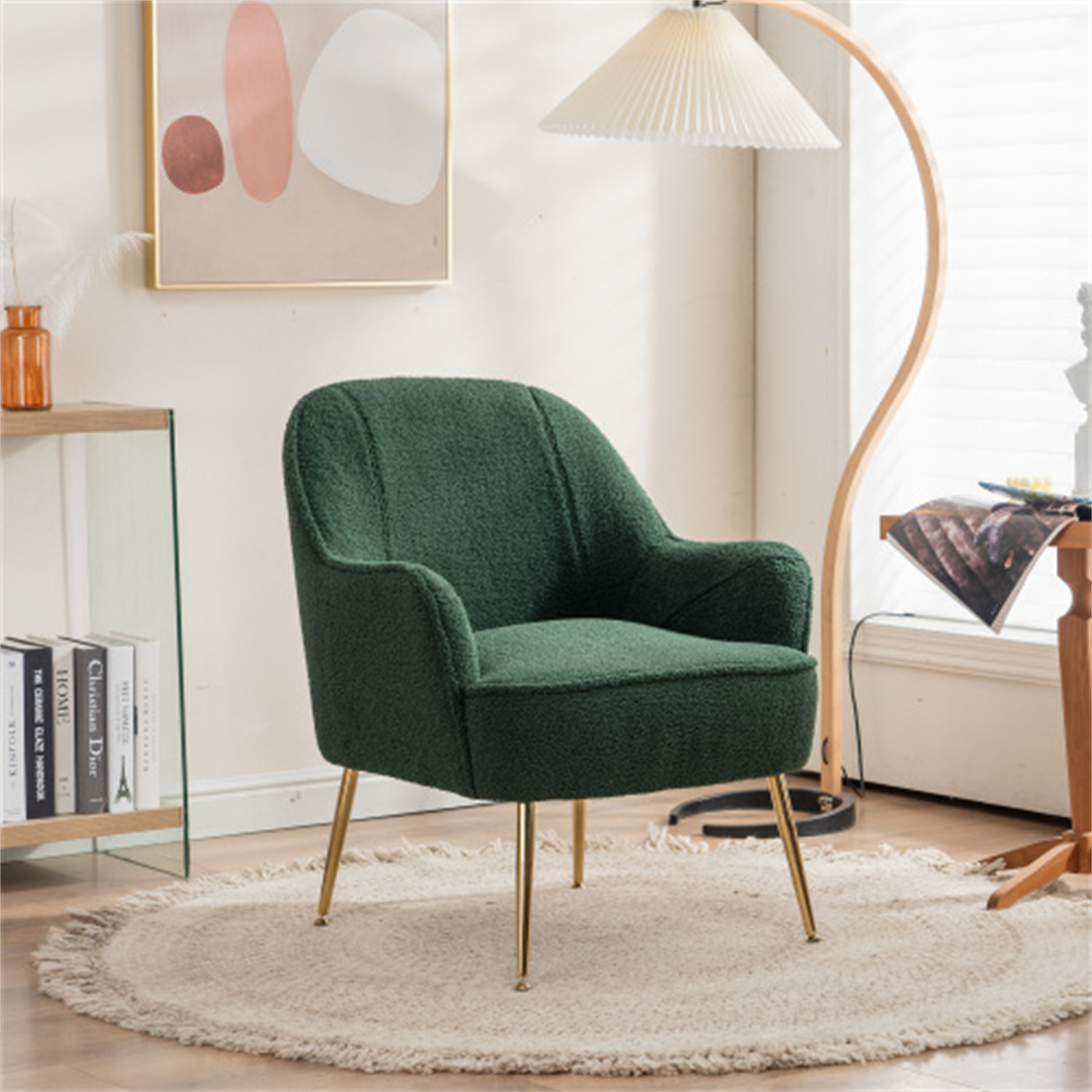 Modern Soft Green Teddy Fabric White Ergonomics Accent Chair Living Room Chair Bedroom Chair Home Chair With Gold Legs And Adjustable Legs For Indoor Home