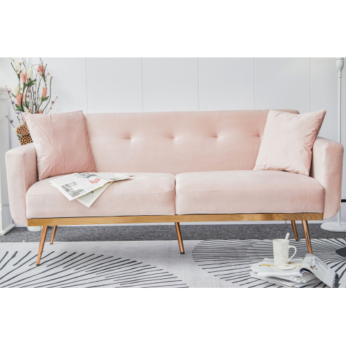 Modern pink velvet sand living room sofa with midfoot and two throw pillows