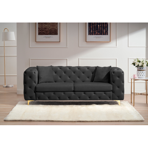 New design comfortable black loveseat with two throw pillows in the same color