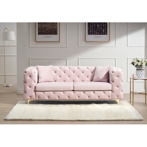 New design comfortable pink loveseat with two throw pillows in the same color