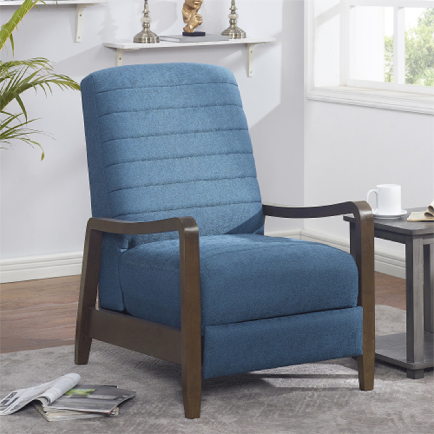 Push Back Recliner with Wooden Arms Navy Blue