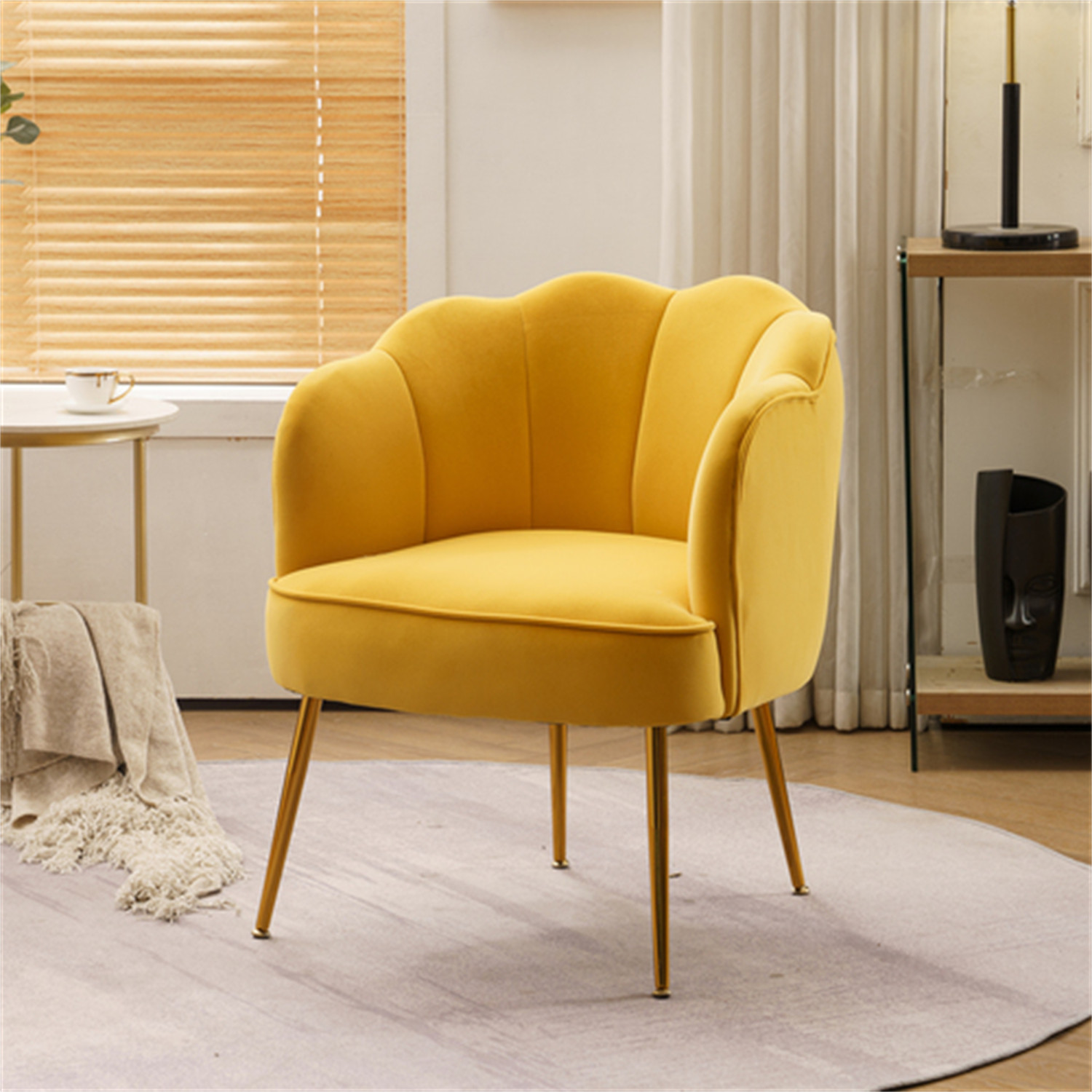 Yellow Shell Shape Velvet Fabric Armchair Accent Chair with Gold Legs for Living Room and Bedroom
