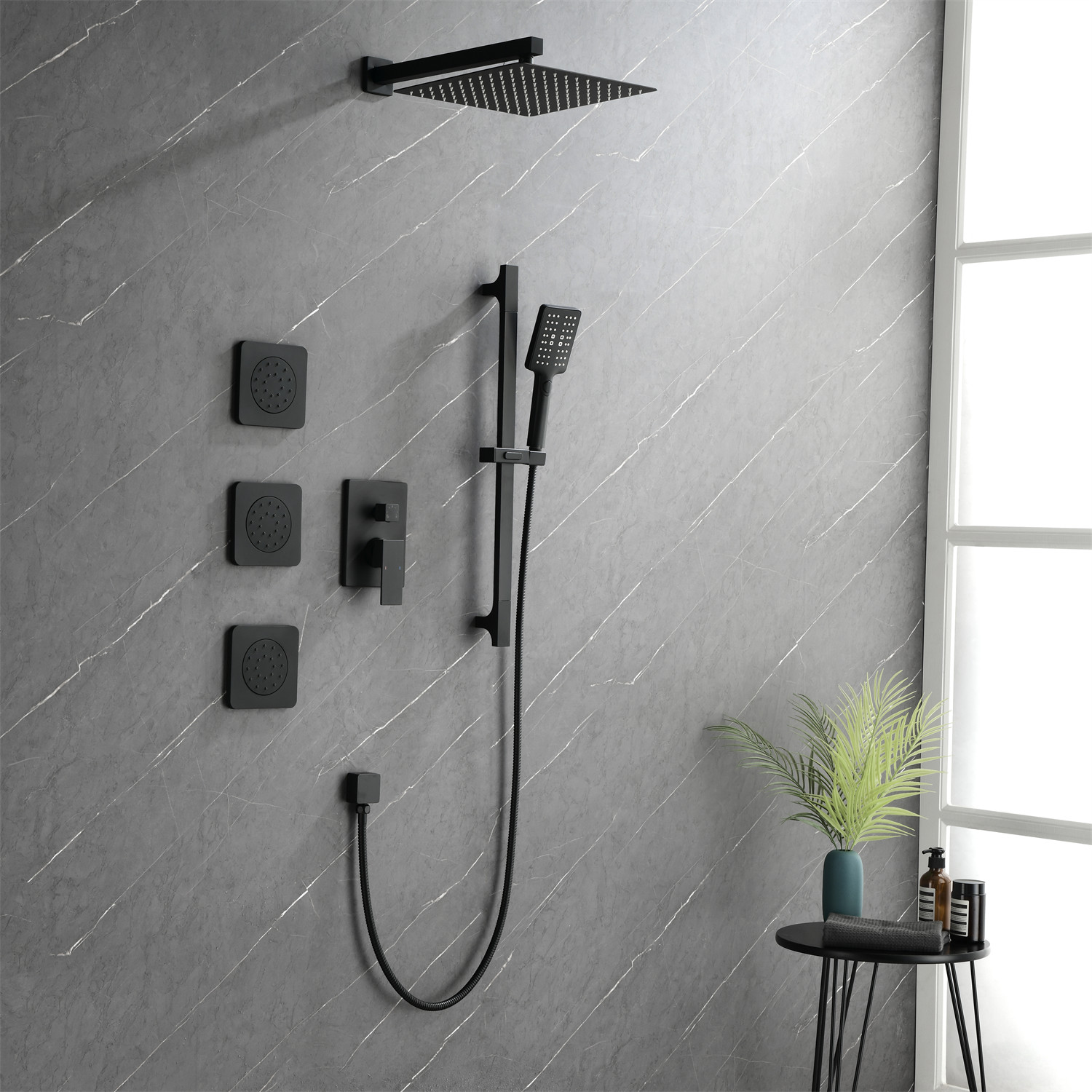 Shower System with Shower Head, Hand Shower, Slide Bar, Bodysprays, Shower Arm, Hose, Valve Trim, and Lever Handles