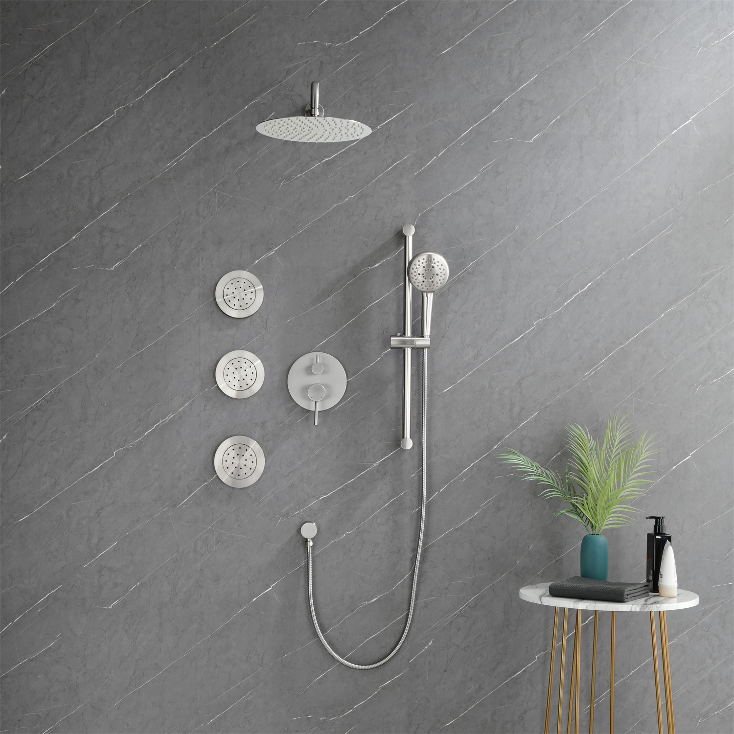 Shower System with Shower Head, Hand Shower, Slide Bar, Bodysprays, Shower Arm, Hose, Valve Trim, and Lever Handles