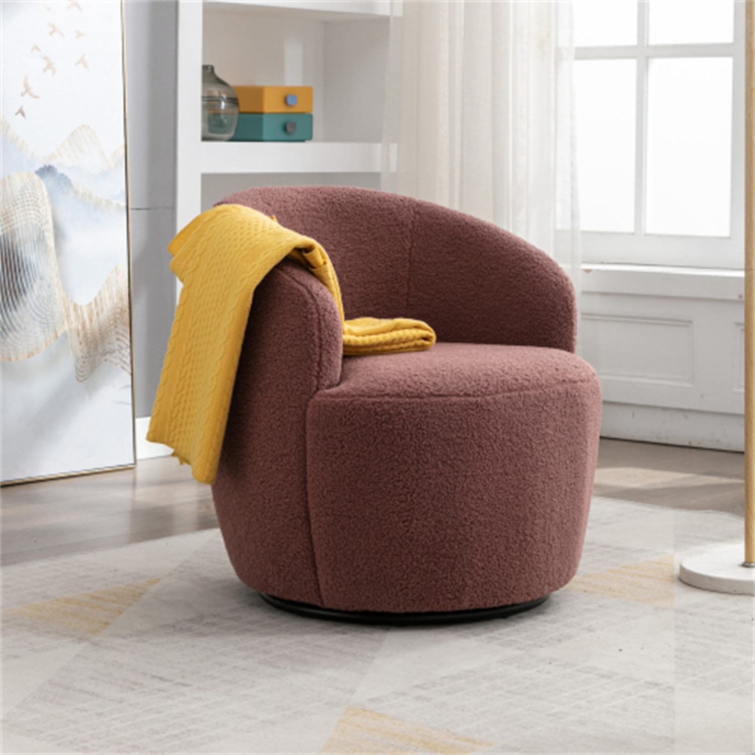 Teddy Fabric Swivel Accent Armchair Barrel Chair With Black Powder Coating Metal Ring Dark Red