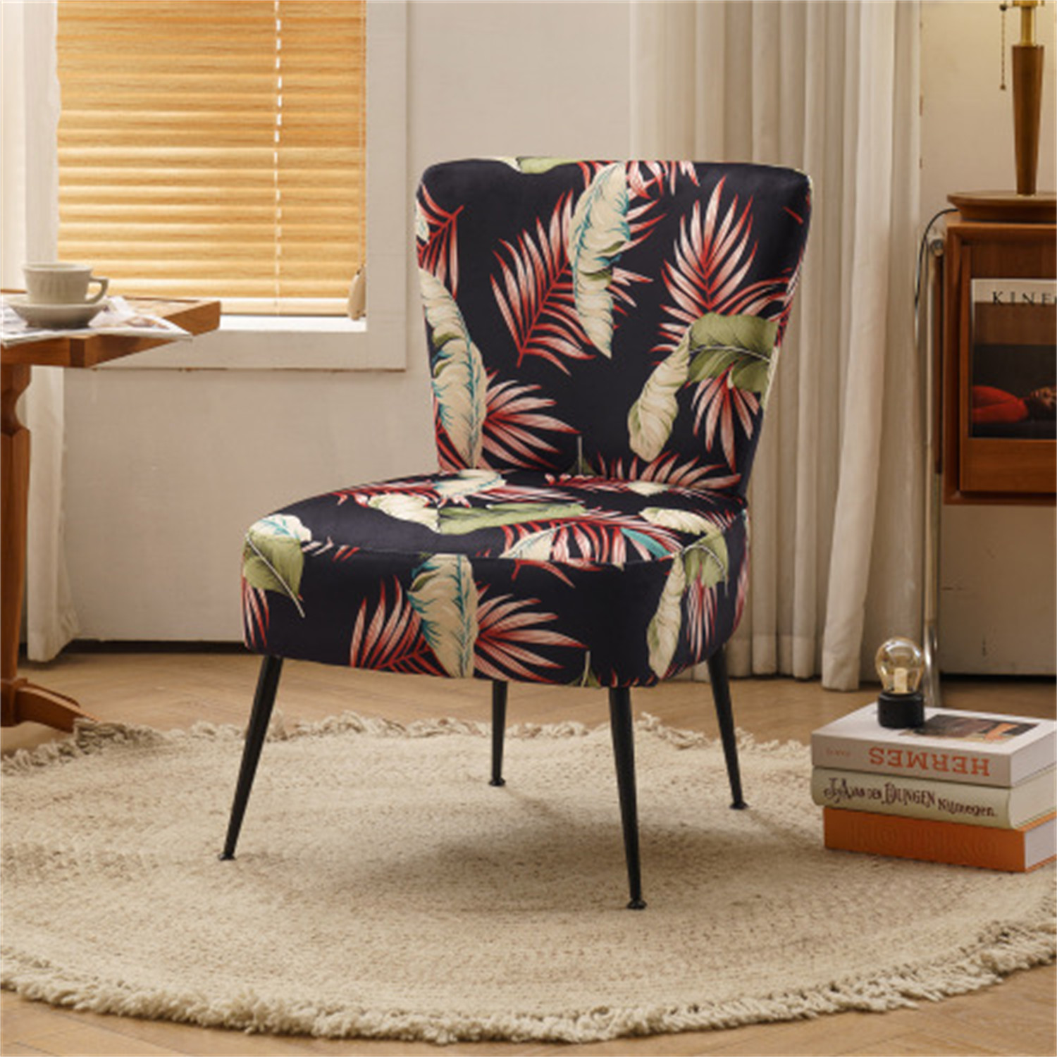 Flower Patterning Velvet Fabric Farmhouse Slipper Chair Accent Chair with Black Metal Legs for Dining Room Living Room Bedroom