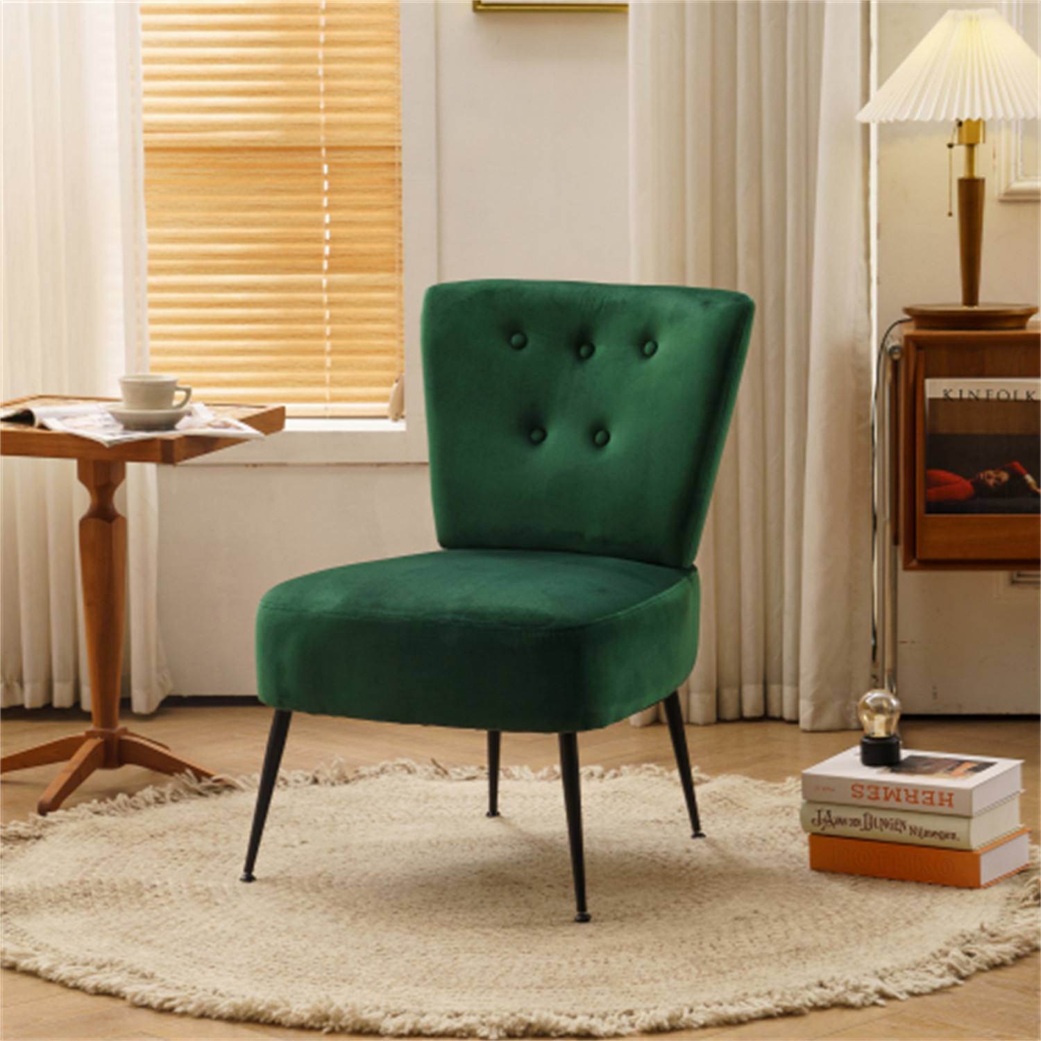 Tufted Back Dark Green Velvet Fabric Farmhouse Slipper Chair Accent Chair with Black Metal Legs for Dining Room Living Room Bedroom