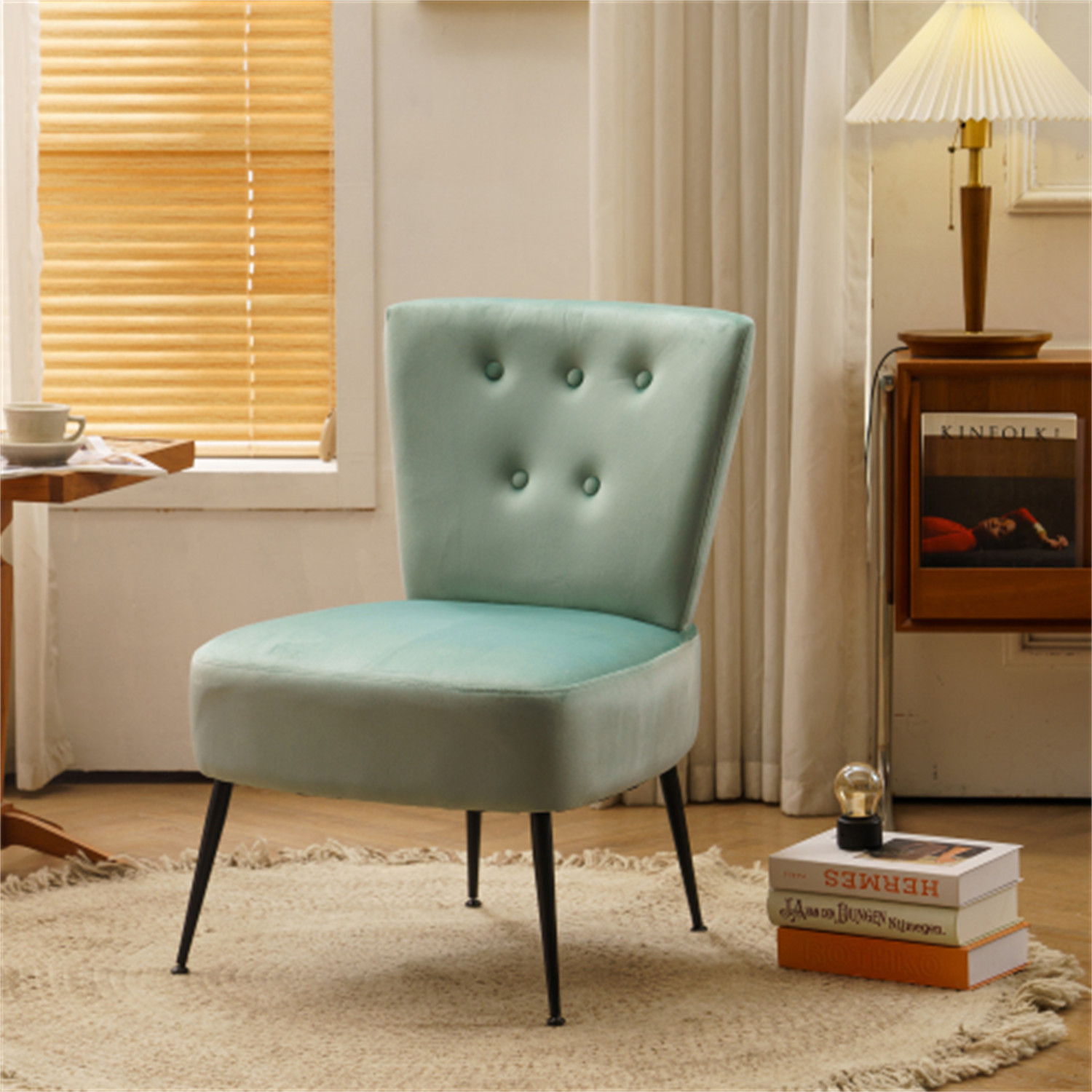 Light Green Velvet Fabric Accent Slipper Chair with Black Metal Legs for Dining Room Living Room Bedroom
